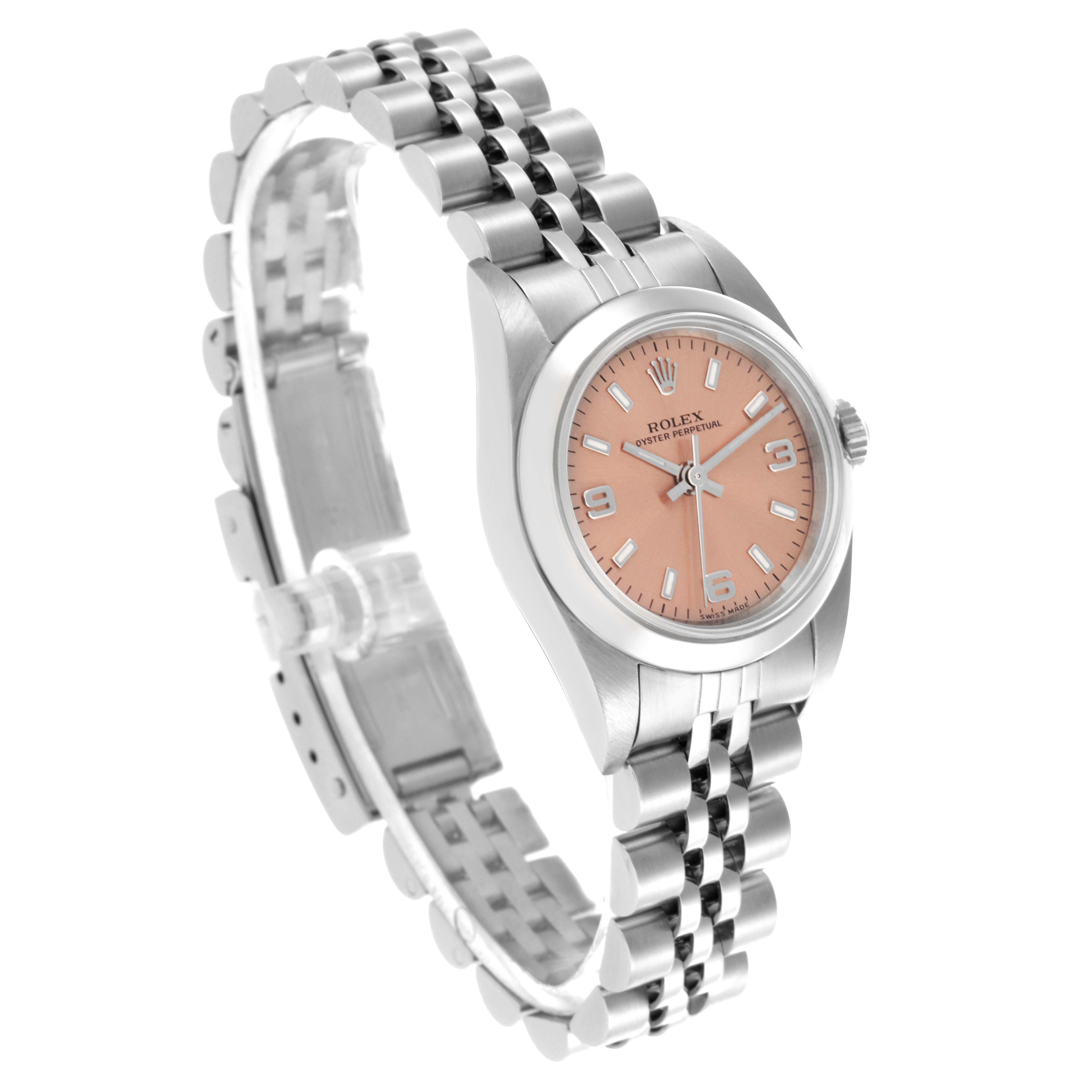 The Rolex Oyster Perpetual 76080 Women's Stainless Steel Orange Dial 76080 Women's Stainless Steel Orange Dial is shown at an angle highlighting its dial, bezel, and jubilee bracelet.