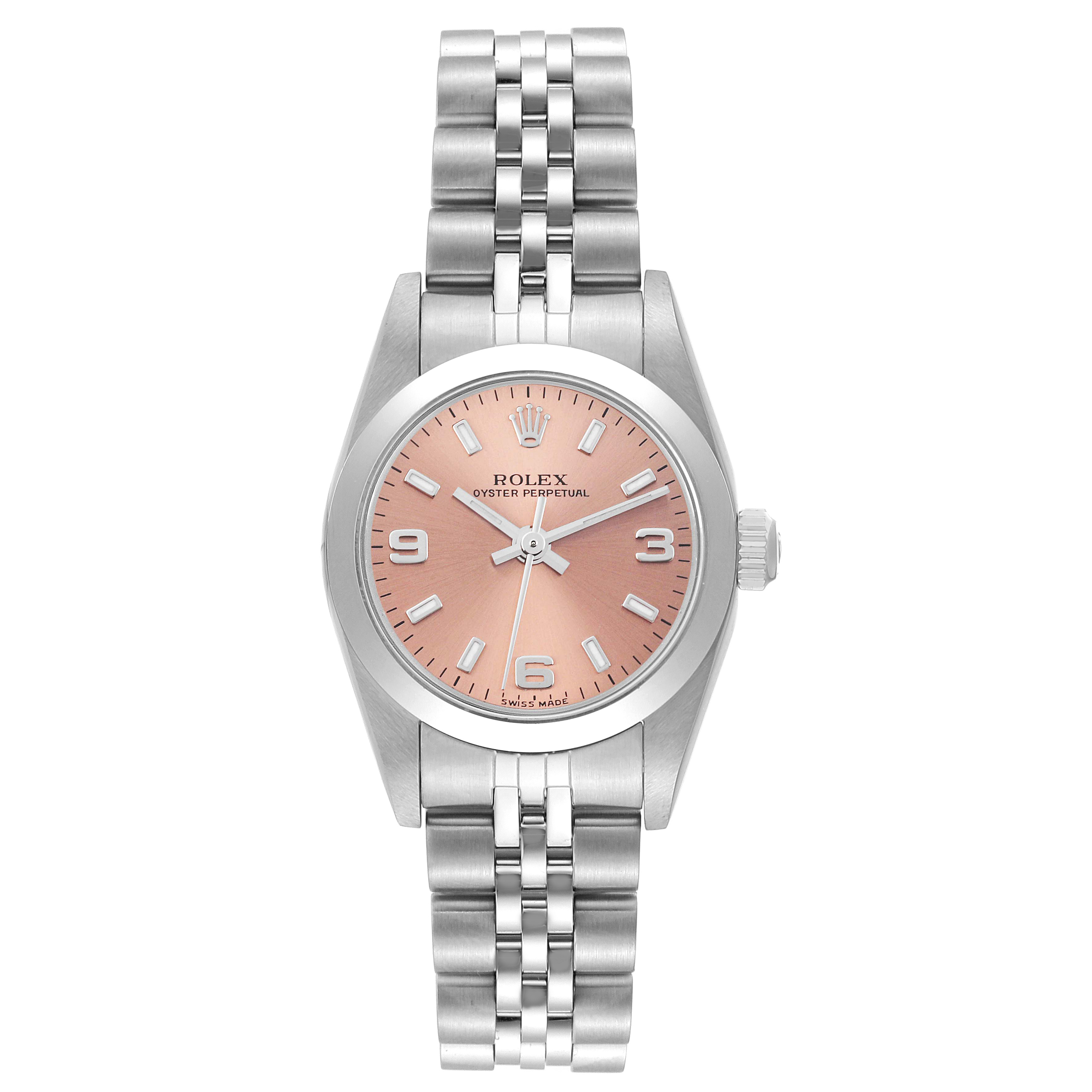 The Rolex Oyster Perpetual 76080 Women's Stainless Steel Orange Dial 76080 Women's Stainless Steel Orange Dial watch is shown from a top-down angle, displaying its face, bezel, and bracelet.