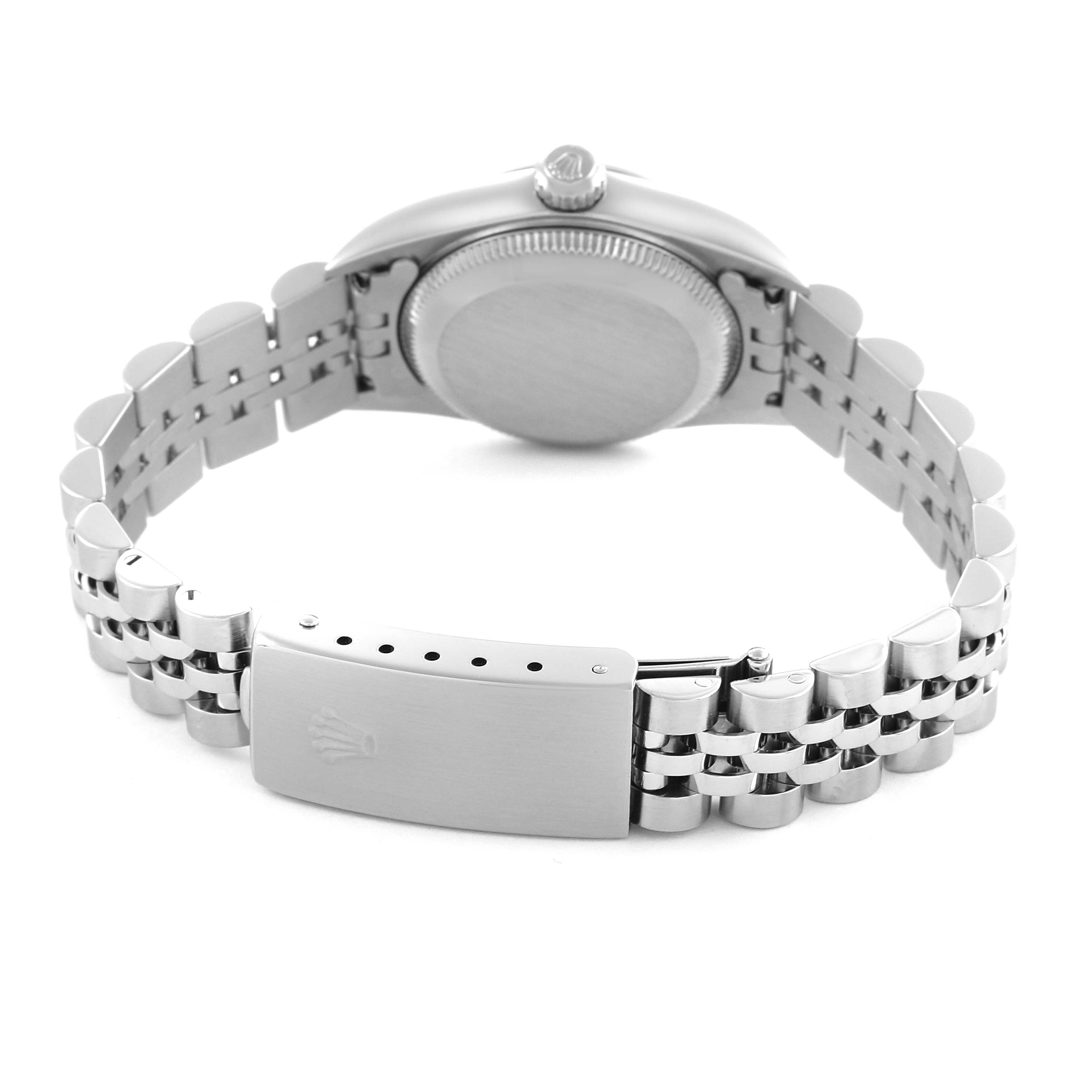 The image shows the Rolex Oyster Perpetual 76080 Women's Stainless Steel Orange Dial 76080 Women's Stainless Steel Orange Dial model from the back, highlighting the case back and bracelet clasp.