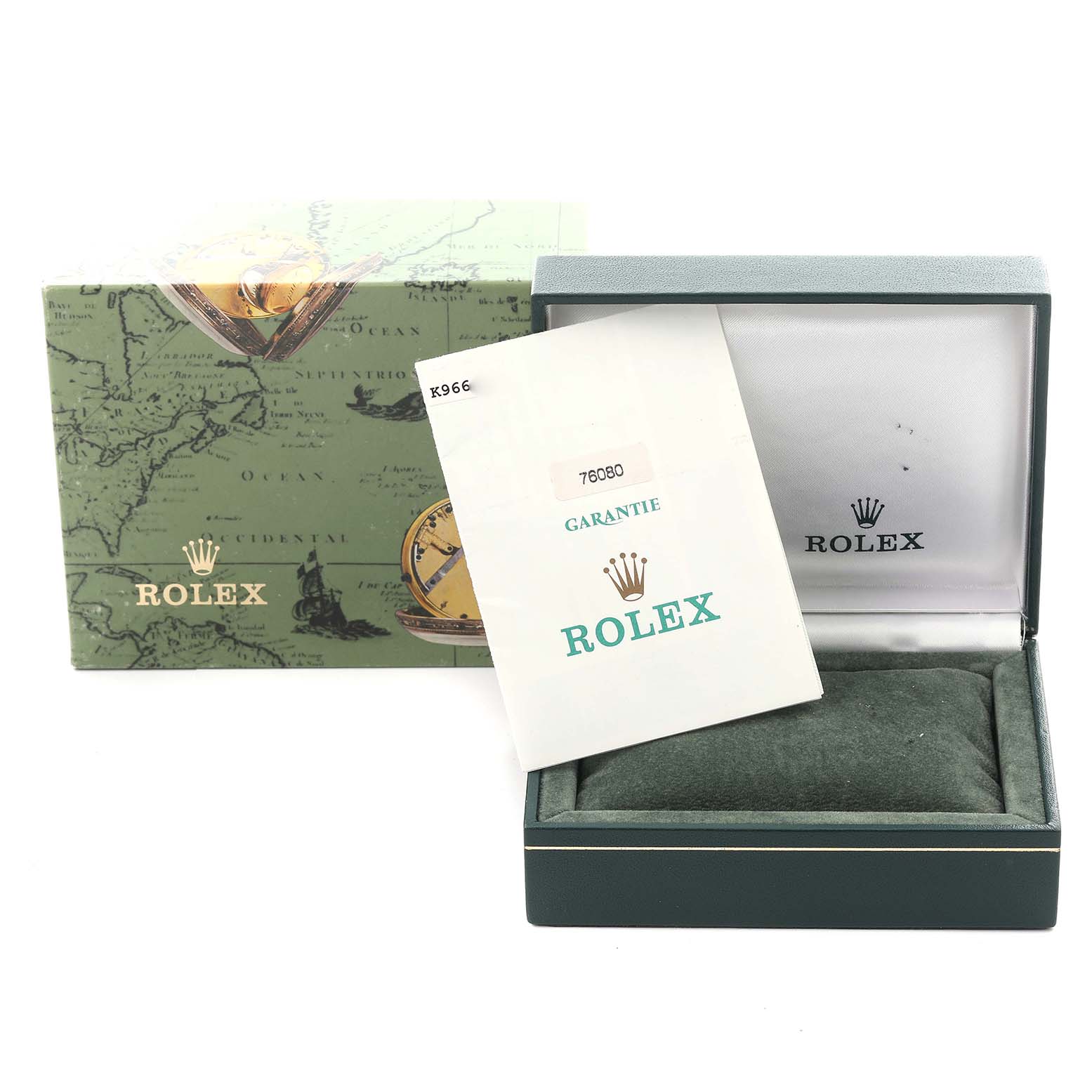 The image shows a Rolex Oyster Perpetual 76080 Women's Stainless Steel Orange Dial 76080 Women's Stainless Steel Orange Dial watch box and warranty booklet in an upright position.