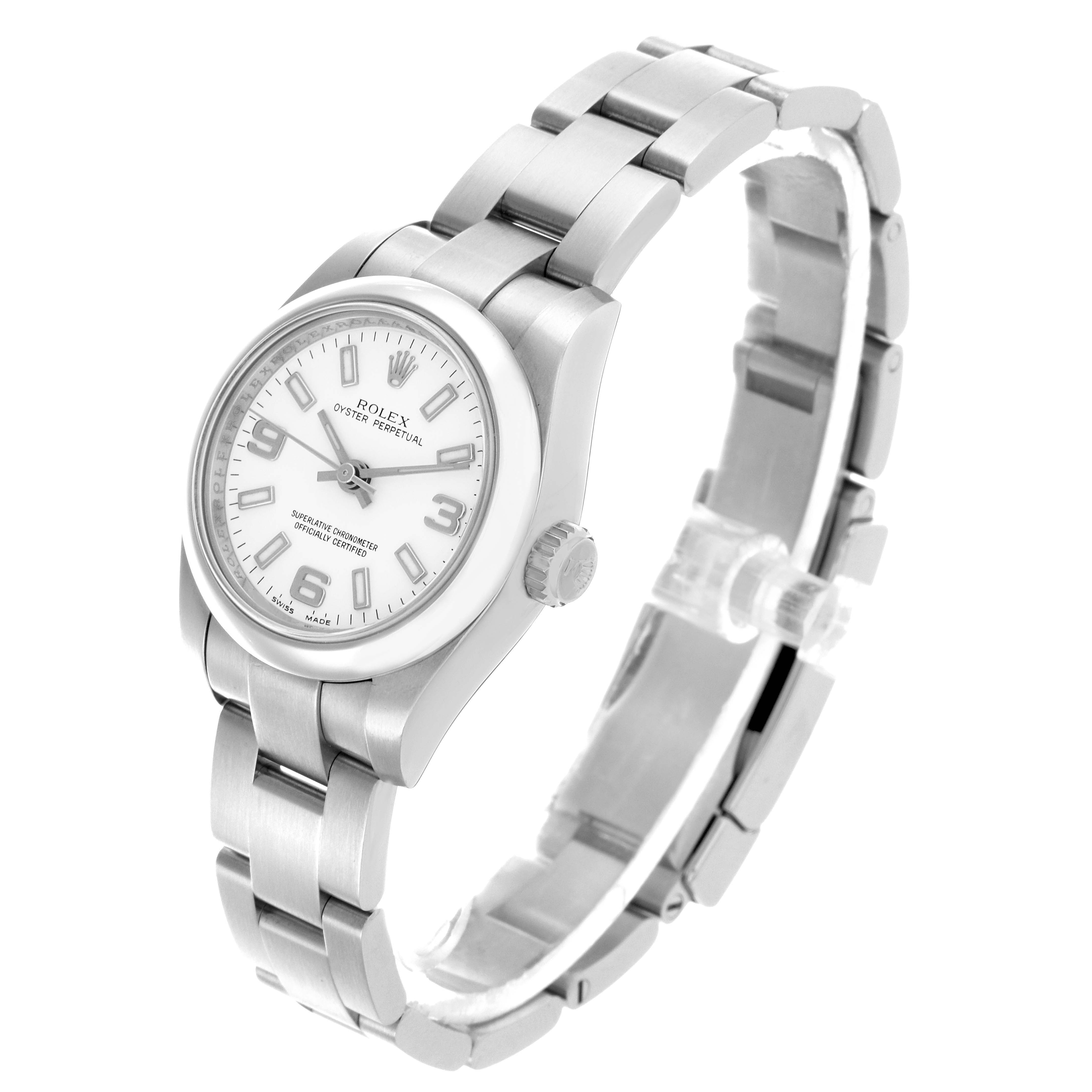 The Rolex Oyster Perpetual 176200 Women
s Stainless Steel White Dial 176200 Women
s Stainless Steel White Dial watch is shown at a slight side angle, highlighting the face, bezel, crown, and bracelet.