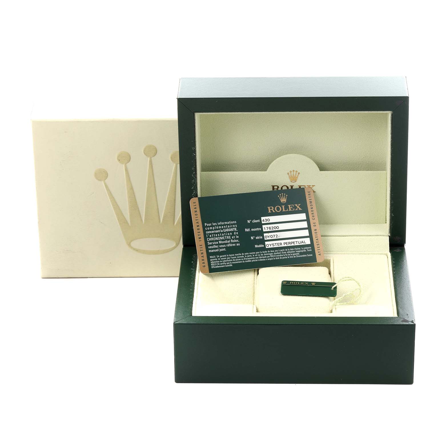 The image shows a Rolex Oyster Perpetual 176200 Women
s Stainless Steel White Dial 176200 Women
s Stainless Steel White Dial watch box, warranty card, and tag from a front angle.