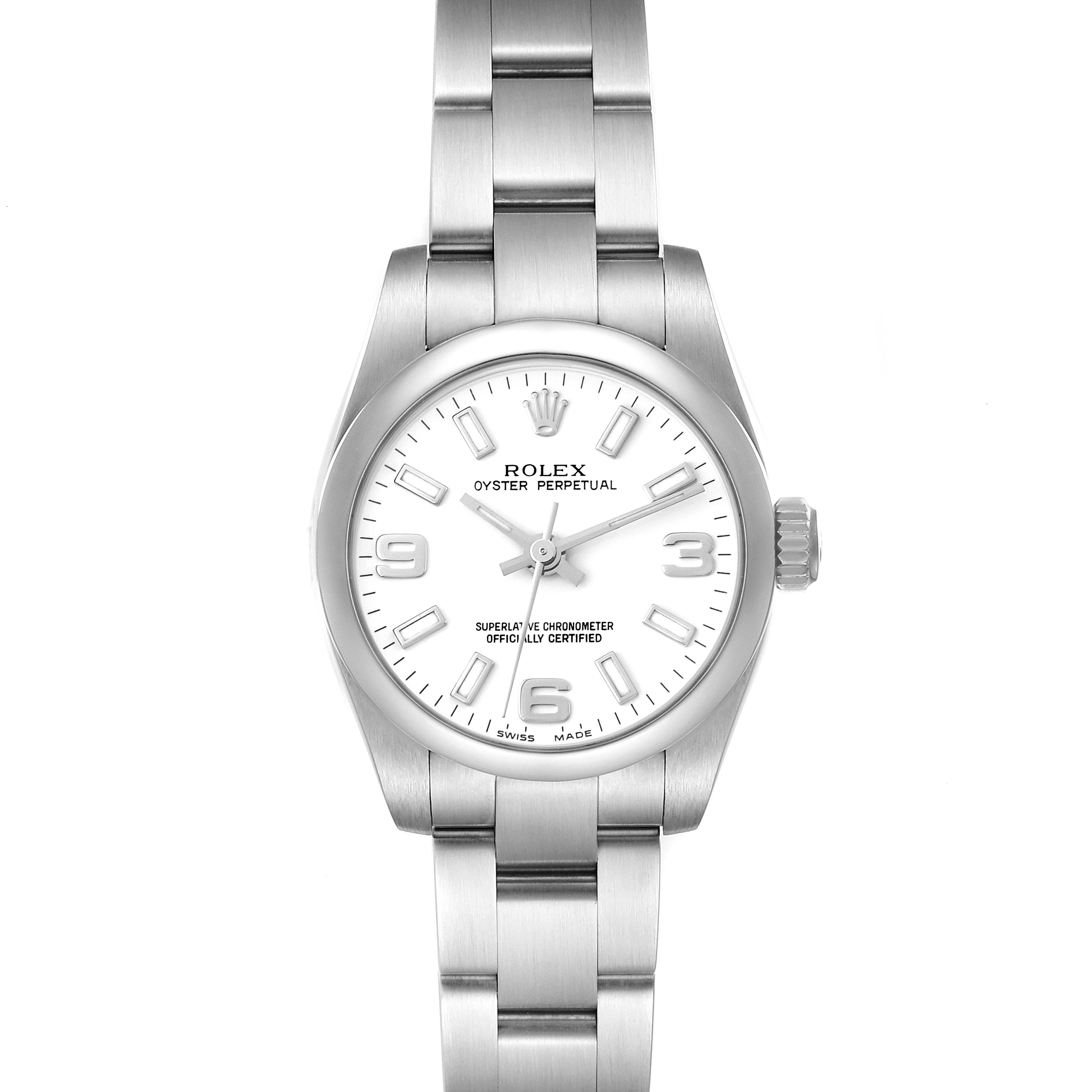 The Rolex Oyster Perpetual 176200 Women
s Stainless Steel White Dial 176200 Women
s Stainless Steel White Dial watch is shown from a top-down angle, highlighting the face, bezel, and bracelet.