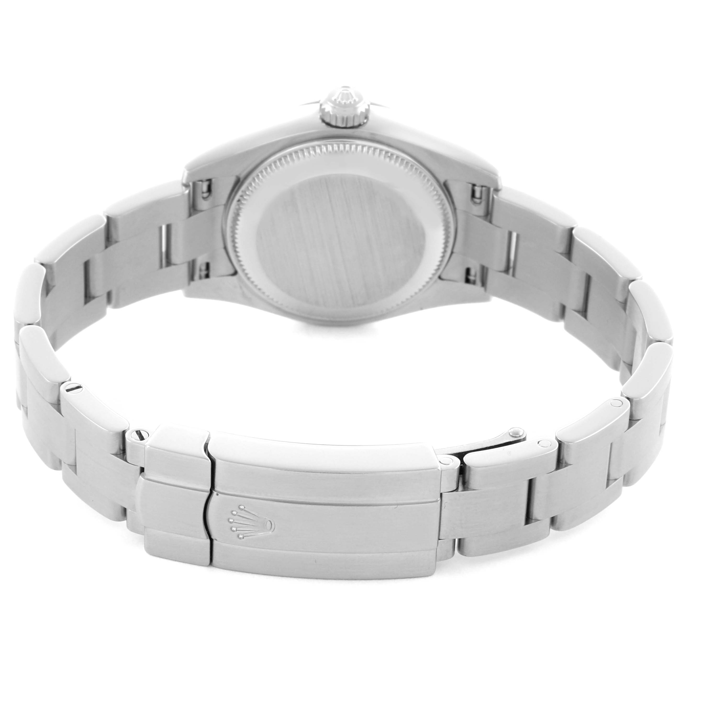 The image shows the back view of the Rolex Oyster Perpetual 176200 Women
s Stainless Steel White Dial 176200 Women
s Stainless Steel White Dial watch, highlighting the case back and bracelet clasp.