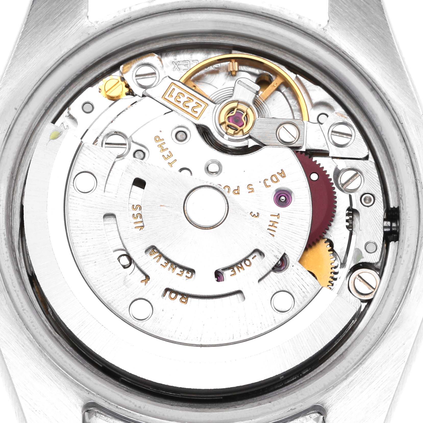 This image shows the internal mechanical movement of a Rolex Oyster Perpetual 176200 Women
s Stainless Steel White Dial 176200 Women
s Stainless Steel White Dial watch from the back angle.
