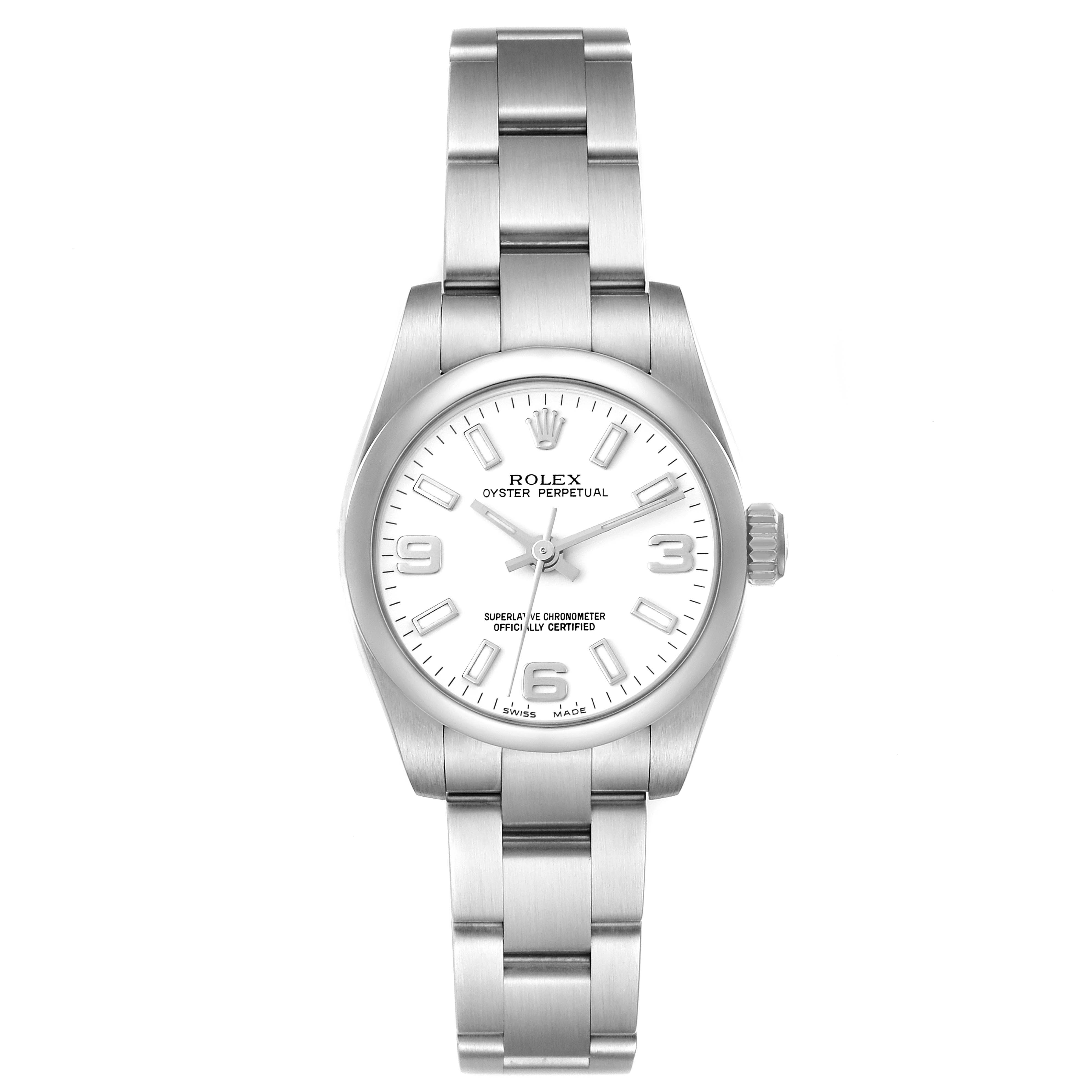 The Rolex Oyster Perpetual 176200 Women
s Stainless Steel White Dial 176200 Women
s Stainless Steel White Dial watch is shown from a top-down angle, displaying its face, bracelet, and crown.