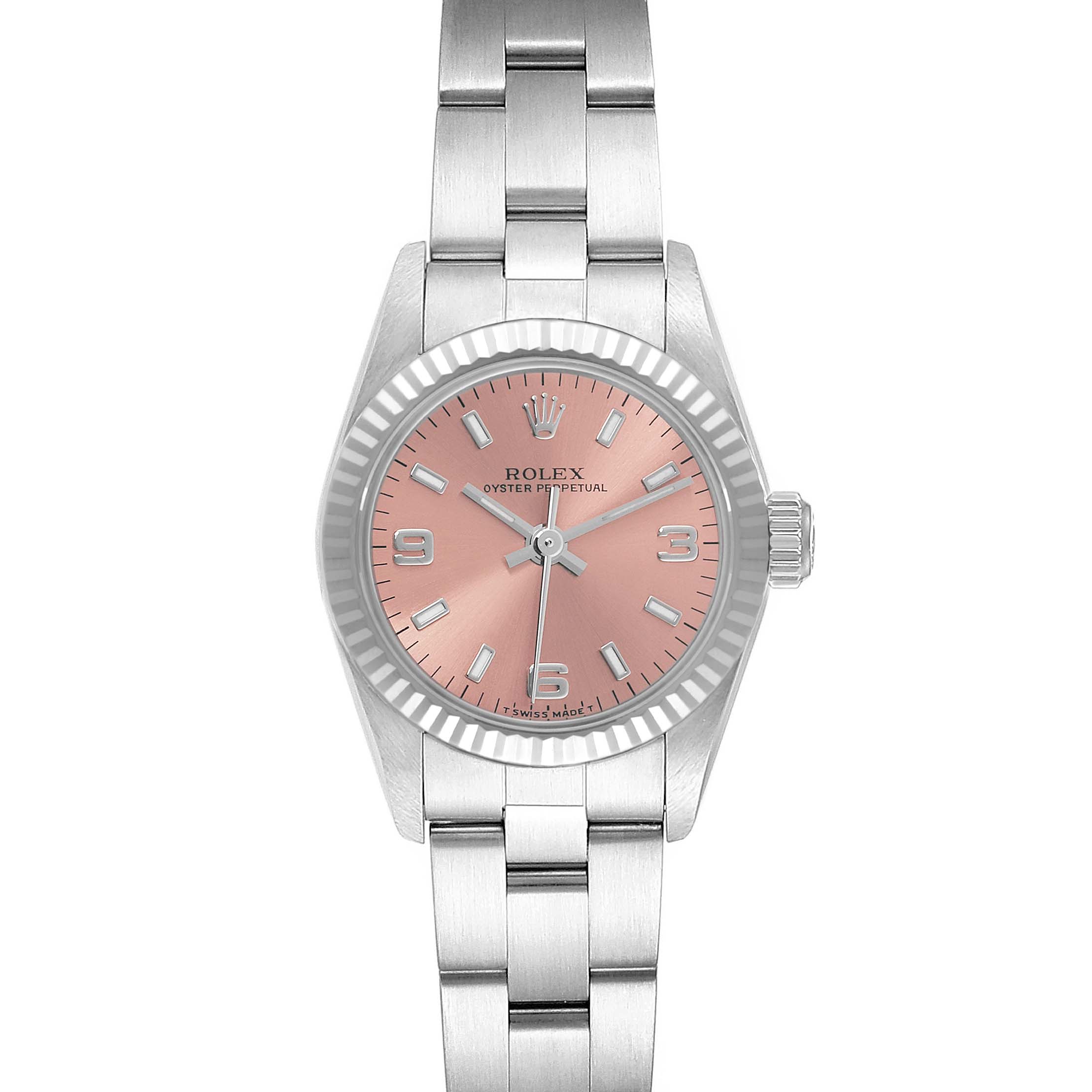 The Rolex Oyster Perpetual 67194 Women's Steel and Gold (two tone) Orange Dial 67194 Women's Steel and Gold (two tone) Orange Dial watch is shown from a front angle, highlighting its pink dial, bezel, crown, and bracelet.