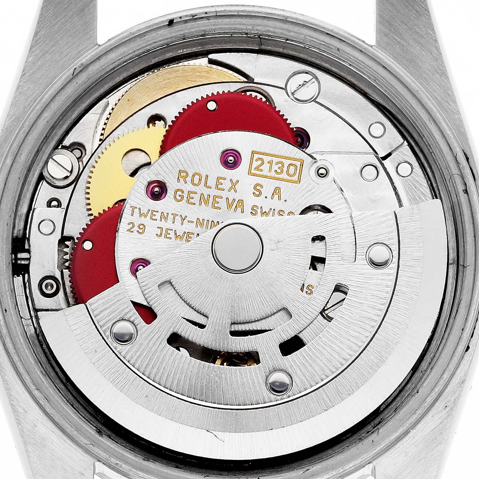 The image shows the internal movement of a Rolex Oyster Perpetual 67194 Women's Steel and Gold (two tone) Orange Dial 67194 Women's Steel and Gold (two tone) Orange Dial watch, highlighting gears and the rotor.