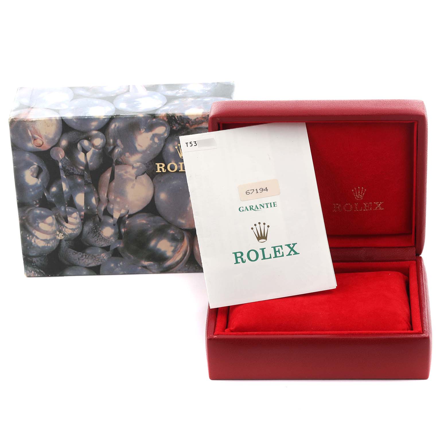 The image shows packaging and warranty card for a Rolex Oyster Perpetual 67194 Women's Steel and Gold (two tone) Orange Dial 67194 Women's Steel and Gold (two tone) Orange Dial, with an open red watch box and outer decorative box.