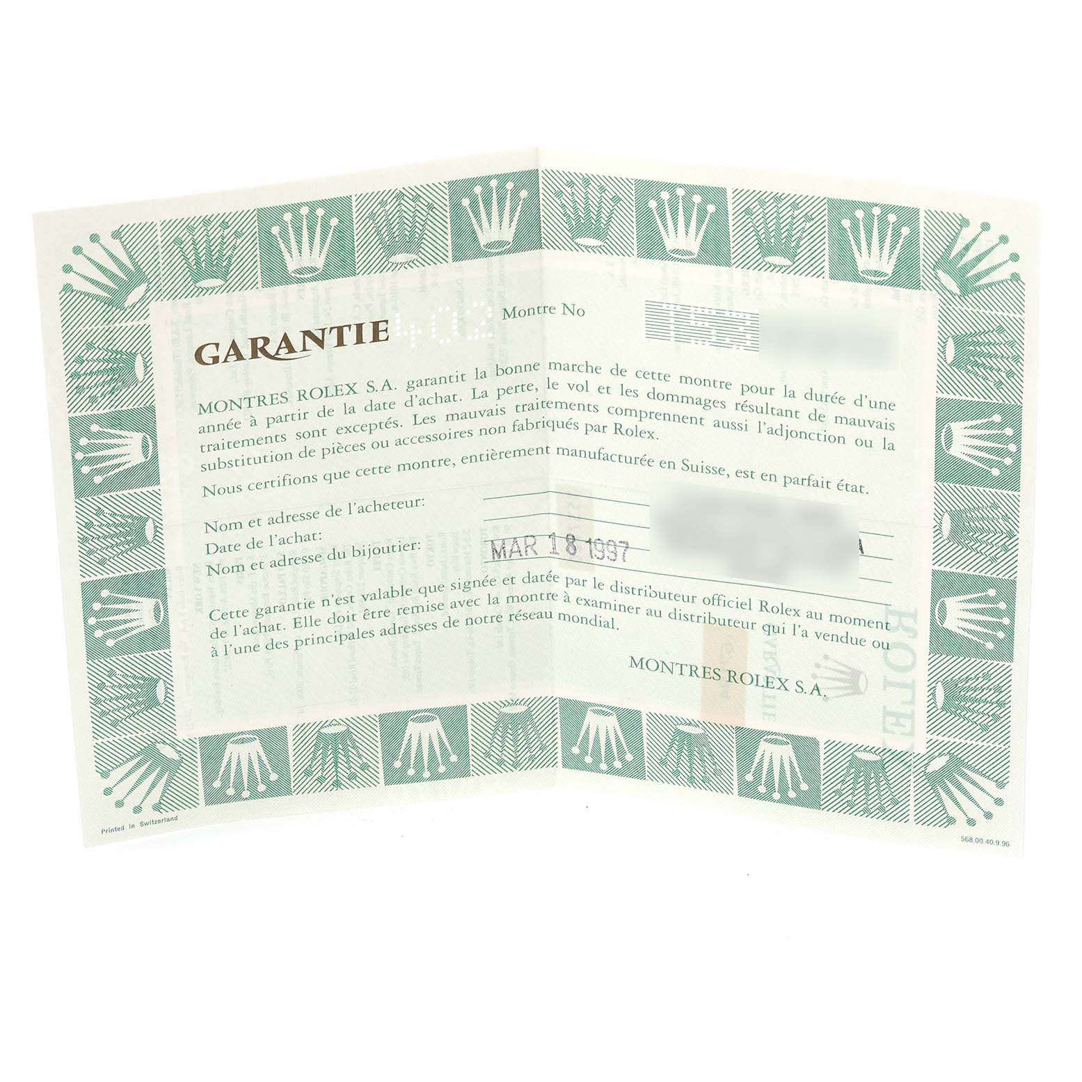 The image shows the warranty card for a Rolex Oyster Perpetual 67194 Women's Steel and Gold (two tone) Orange Dial 67194 Women's Steel and Gold (two tone) Orange Dial watch, featuring a green patterned border with the Rolex logo.