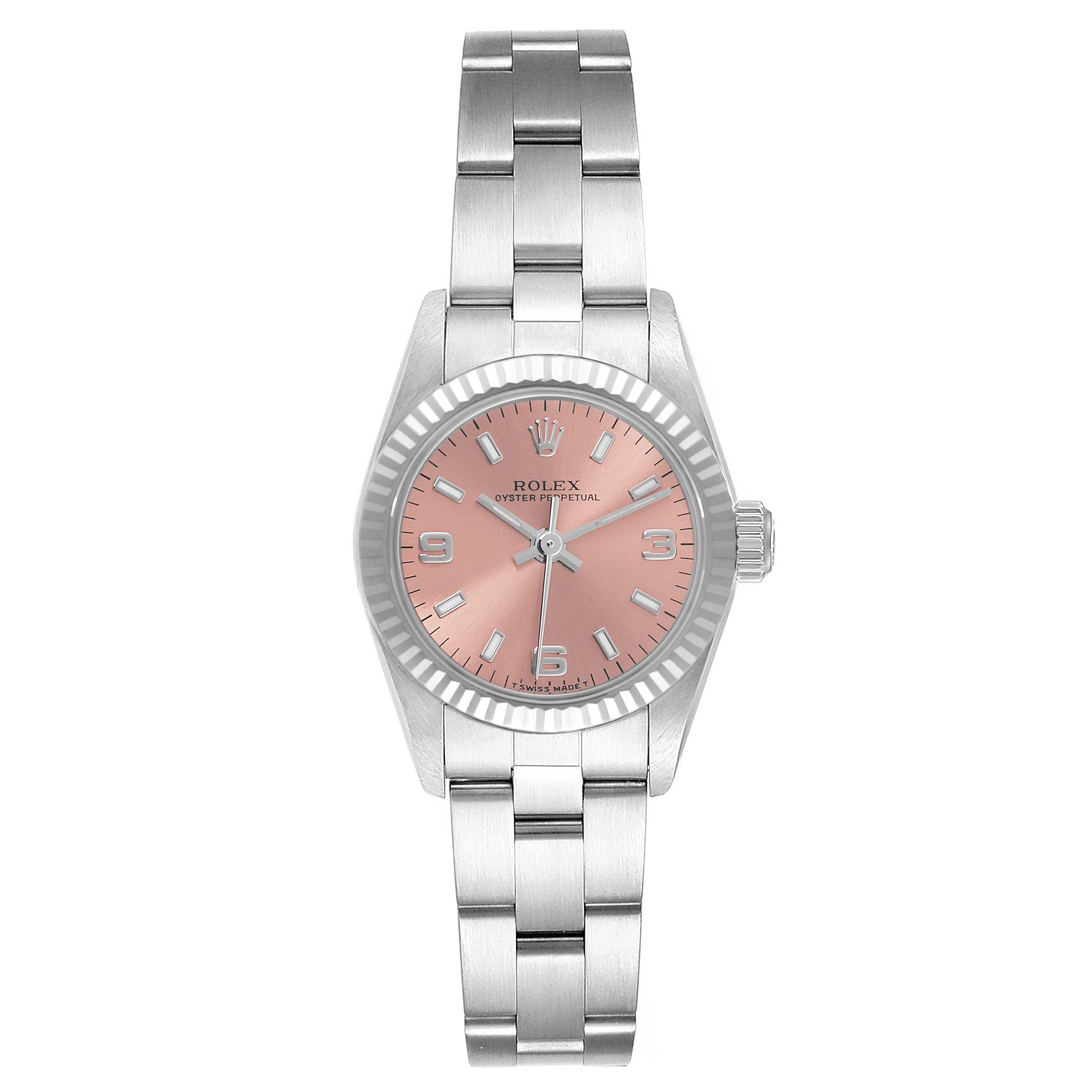 The Rolex Oyster Perpetual 67194 Women's Steel and Gold (two tone) Orange Dial 67194 Women's Steel and Gold (two tone) Orange Dial watch is shown from a front angle, displaying the full face, bezel, and bracelet.