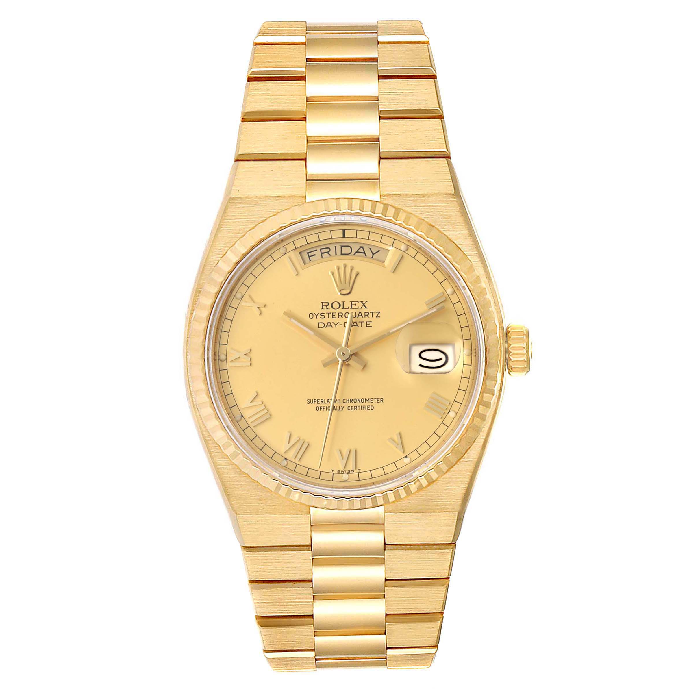This image shows a frontal view of a Rolex President 19018 Men's Yellow Gold Champagne Dial 19018 Men's Yellow Gold Champagne Dial model watch, displaying its face, bezel, crown, and bracelet.