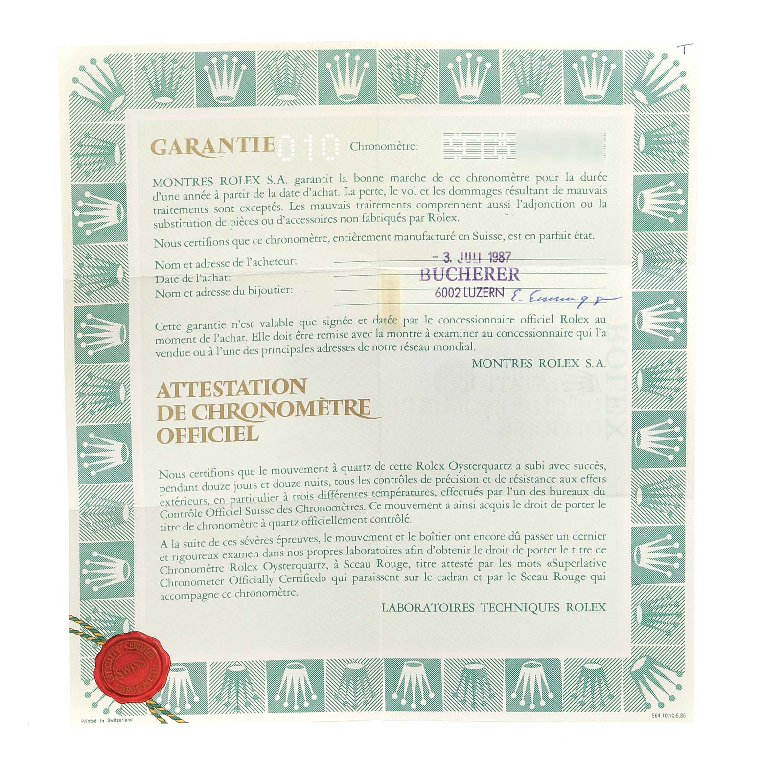 This image shows a warranty and official chronometer certification document for the Rolex President 19018 Men's Yellow Gold Champagne Dial 19018 Men's Yellow Gold Champagne Dial model watch.