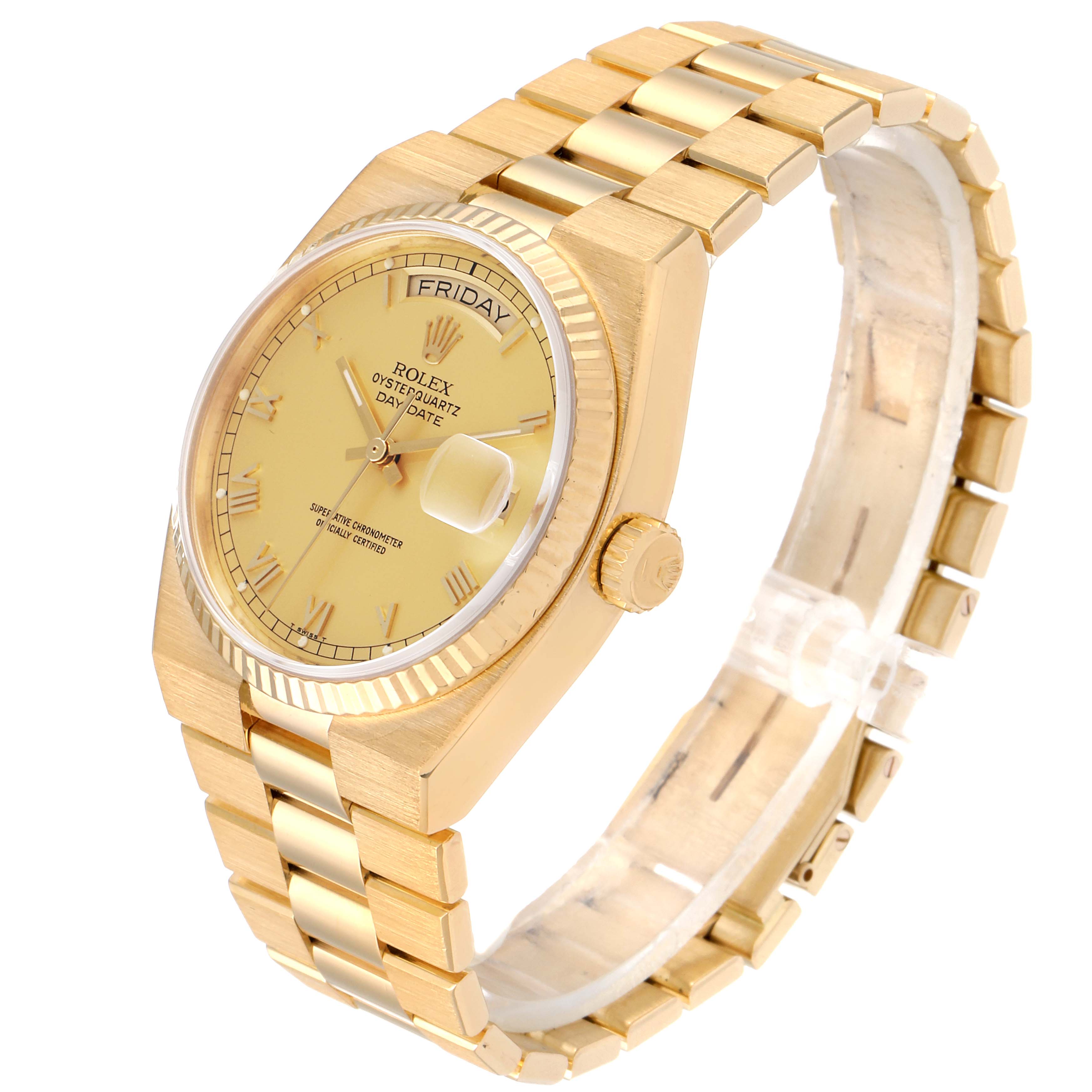 This image shows a gold Rolex President 19018 Men's Yellow Gold Champagne Dial 19018 Men's Yellow Gold Champagne Dial model watch at a slightly angled side-top view, featuring its bracelet, case, and face.