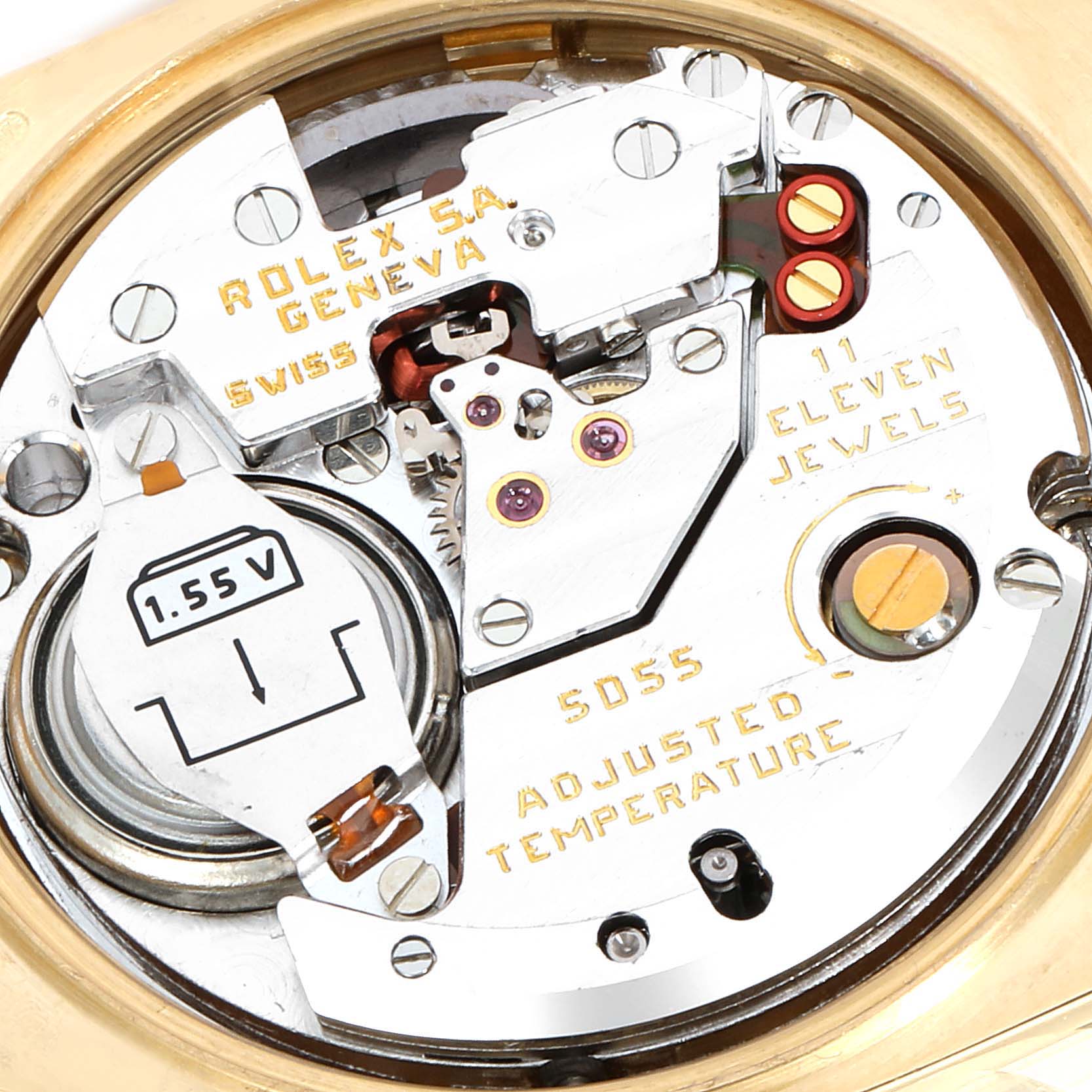 This image shows the internal mechanical parts of a Rolex President 19018 Men's Yellow Gold Champagne Dial 19018 Men's Yellow Gold Champagne Dial model watch at a close-up angle.