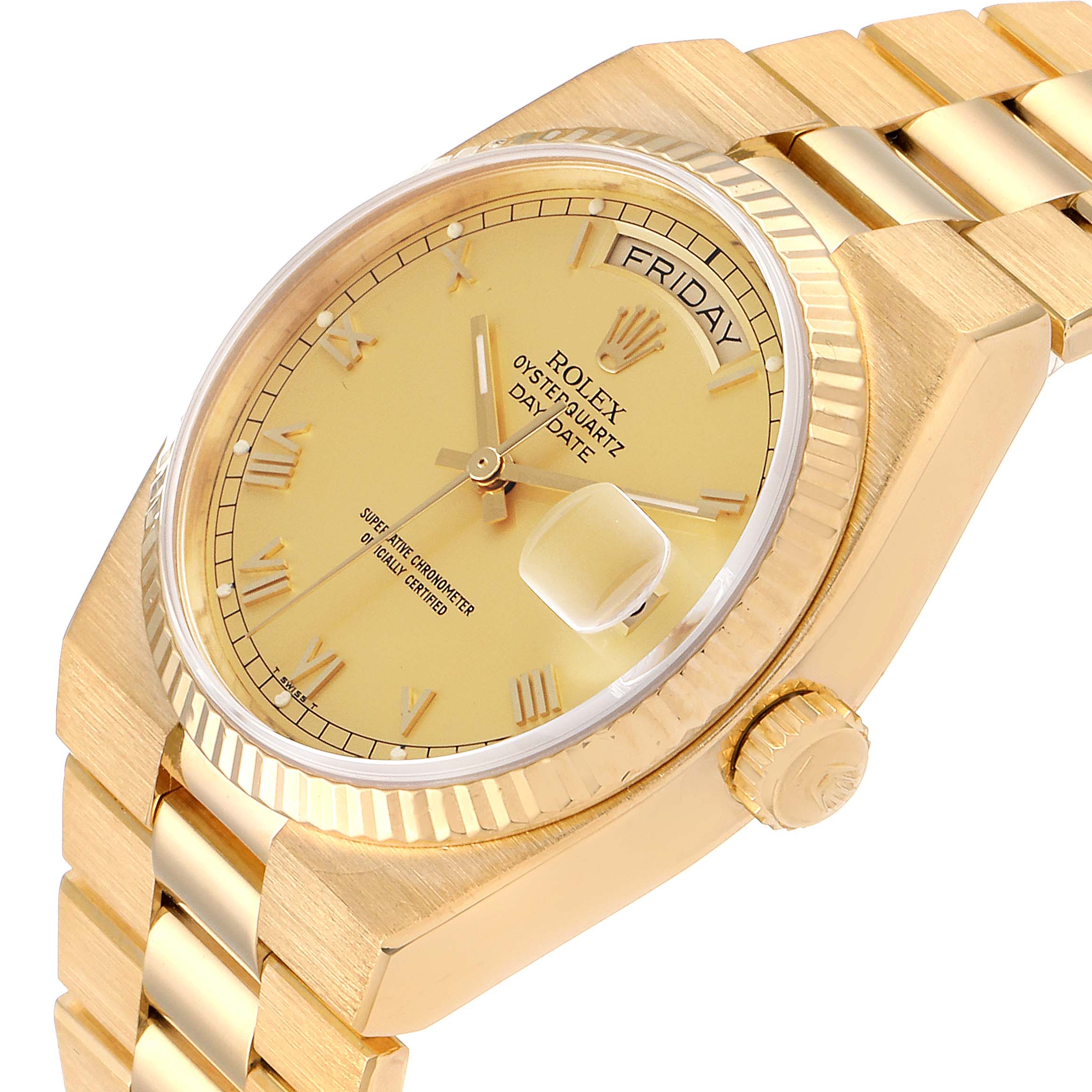 The image shows a Rolex President 19018 Men's Yellow Gold Champagne Dial 19018 Men's Yellow Gold Champagne Dial Oysterquartz Day-Date watch at an angle, highlighting the dial, bezel, crown, and bracelet.