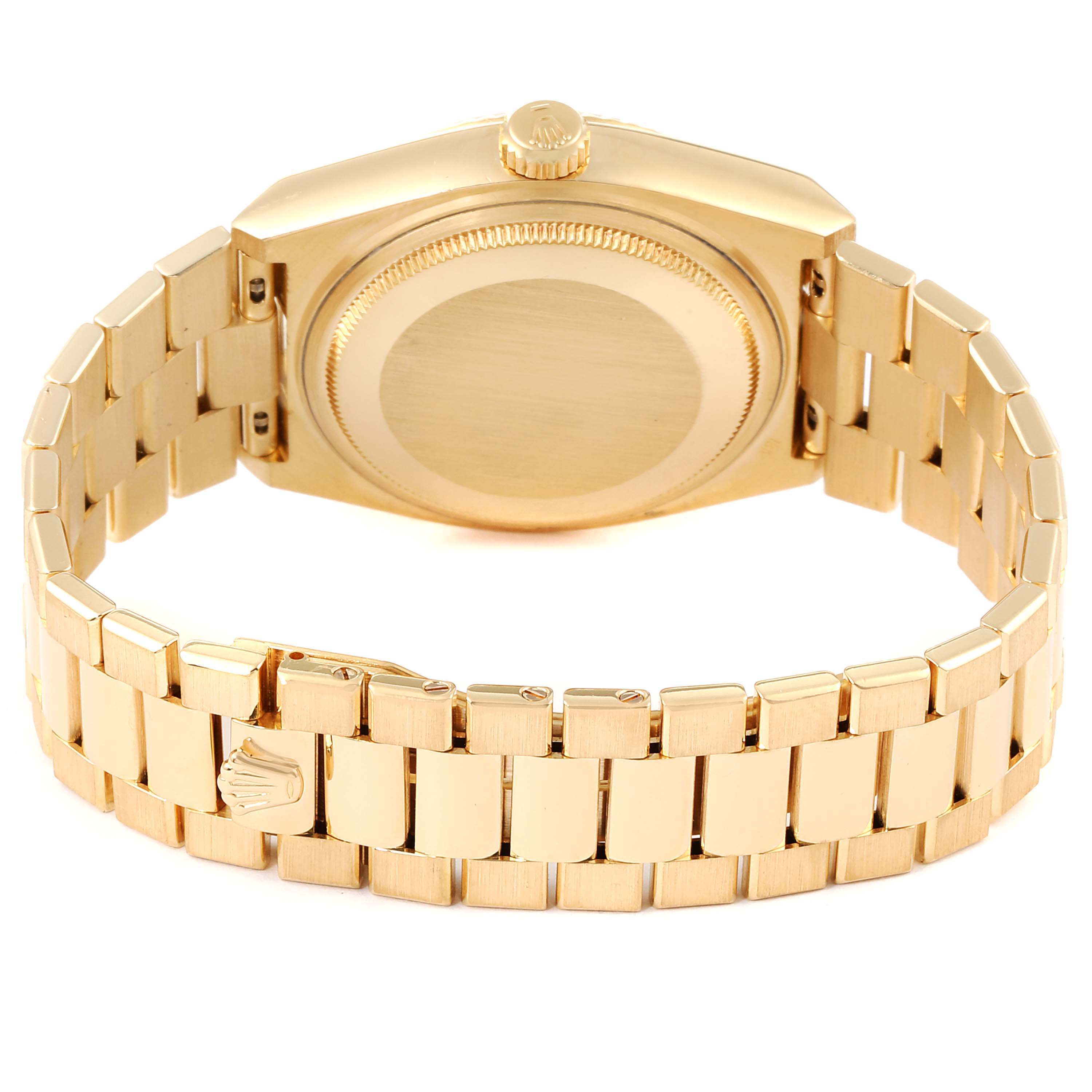 This image shows the back case and bracelet of a Rolex President 19018 Men's Yellow Gold Champagne Dial 19018 Men's Yellow Gold Champagne Dial model, viewed from the rear.