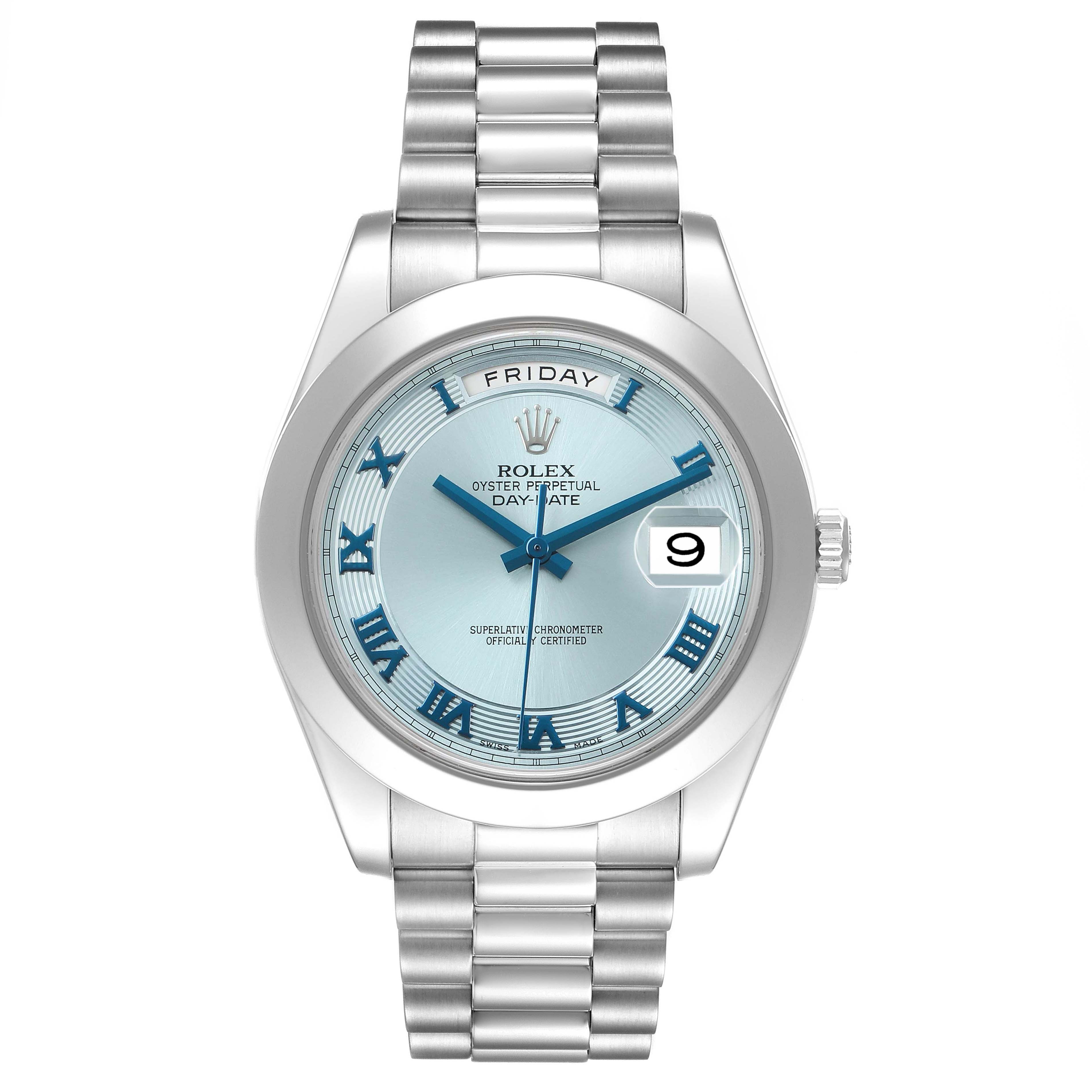 The Rolex President 218206 Men's Platinum Blue Dial model is shown from a front angle, highlighting the dial, bracelet, crown, and day-date features.
