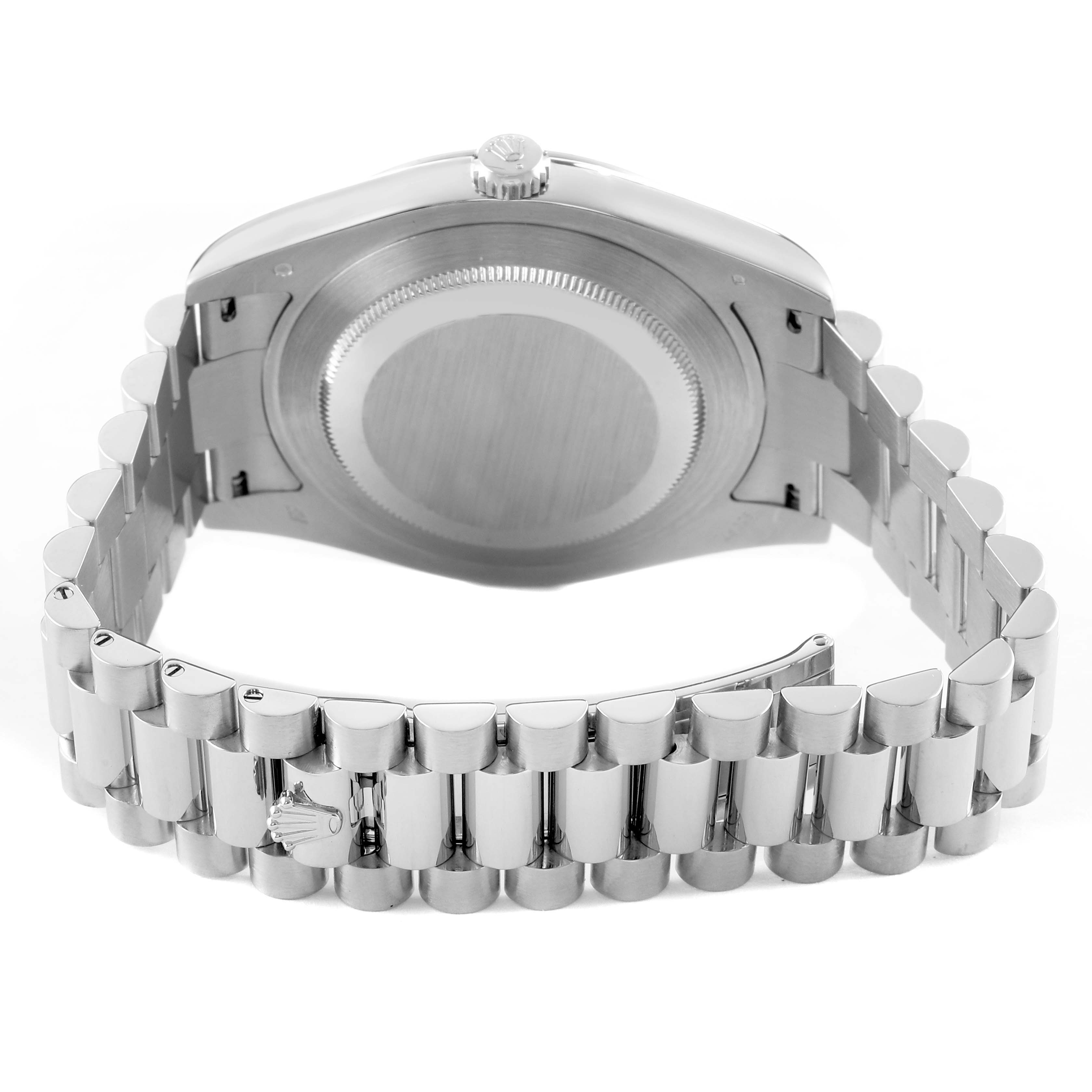 The image shows the back view of a Rolex President 218206 Men's Platinum Blue Dial model, highlighting the case back and bracelet.