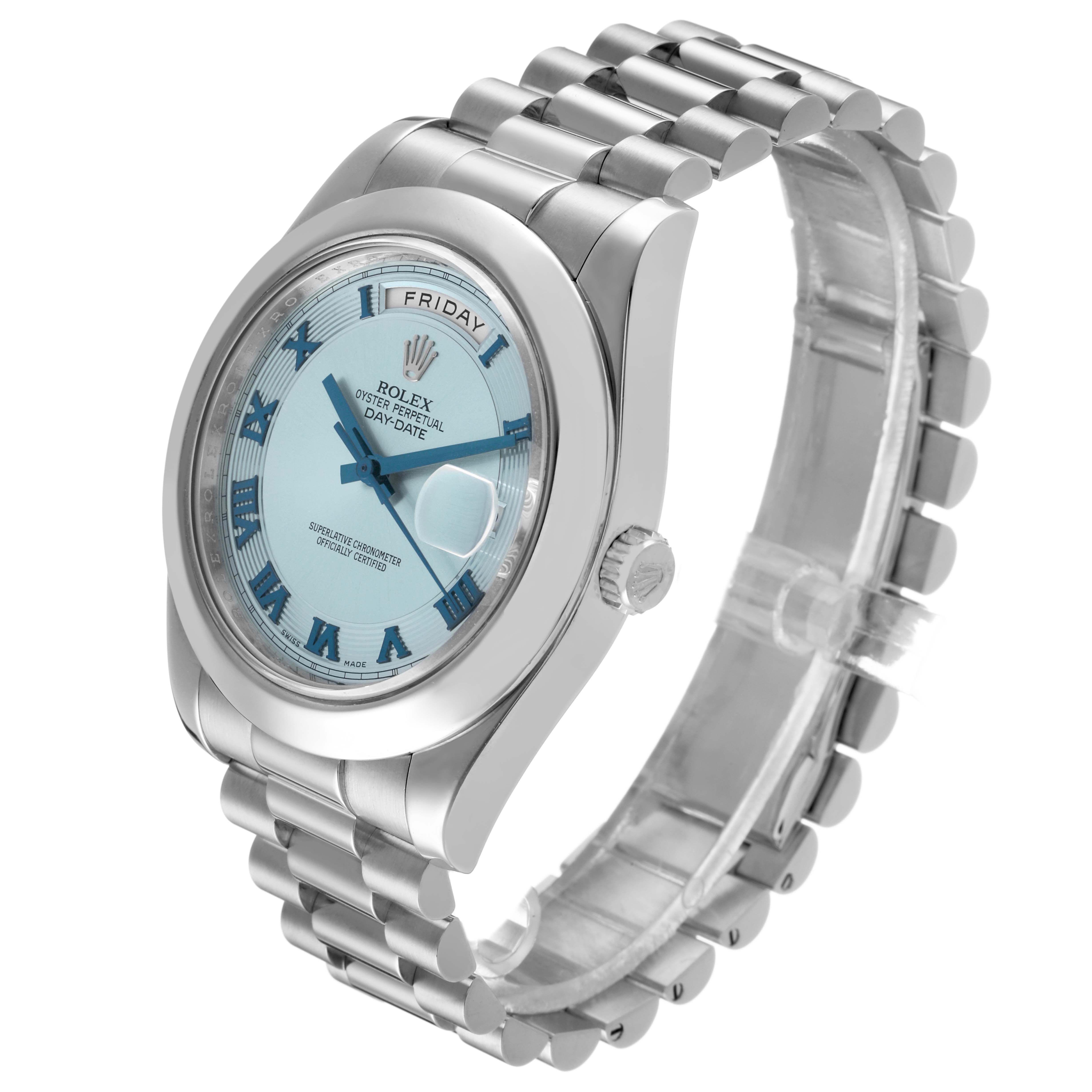 The Rolex President 218206 Men's Platinum Blue Dial model is shown at a slight angle, displaying the face, bezel, crown, and part of the bracelet.