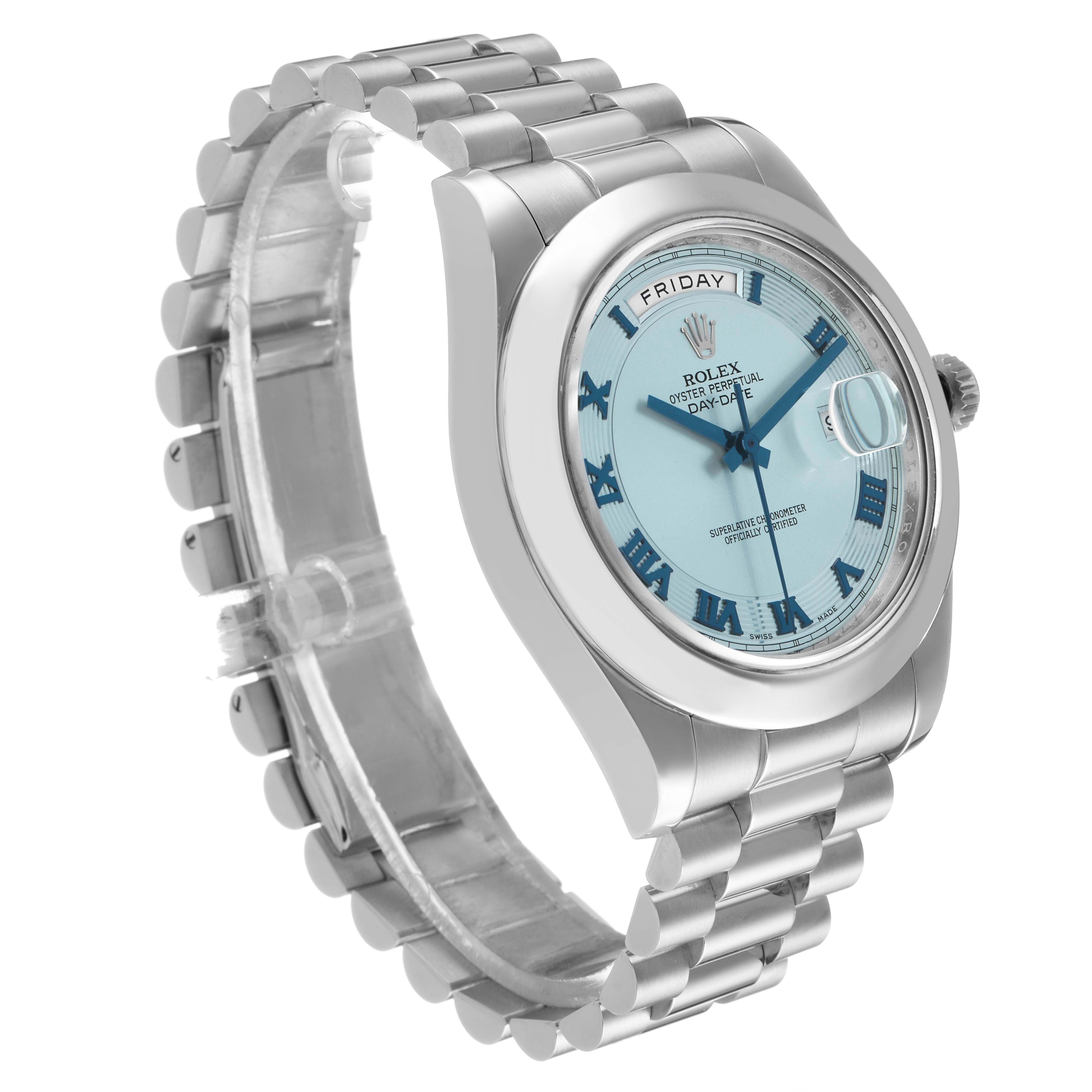 The Rolex President 218206 Men's Platinum Blue Dial model is shown at a side angle, highlighting its blue dial, Roman numerals, day display, and linked bracelet.
