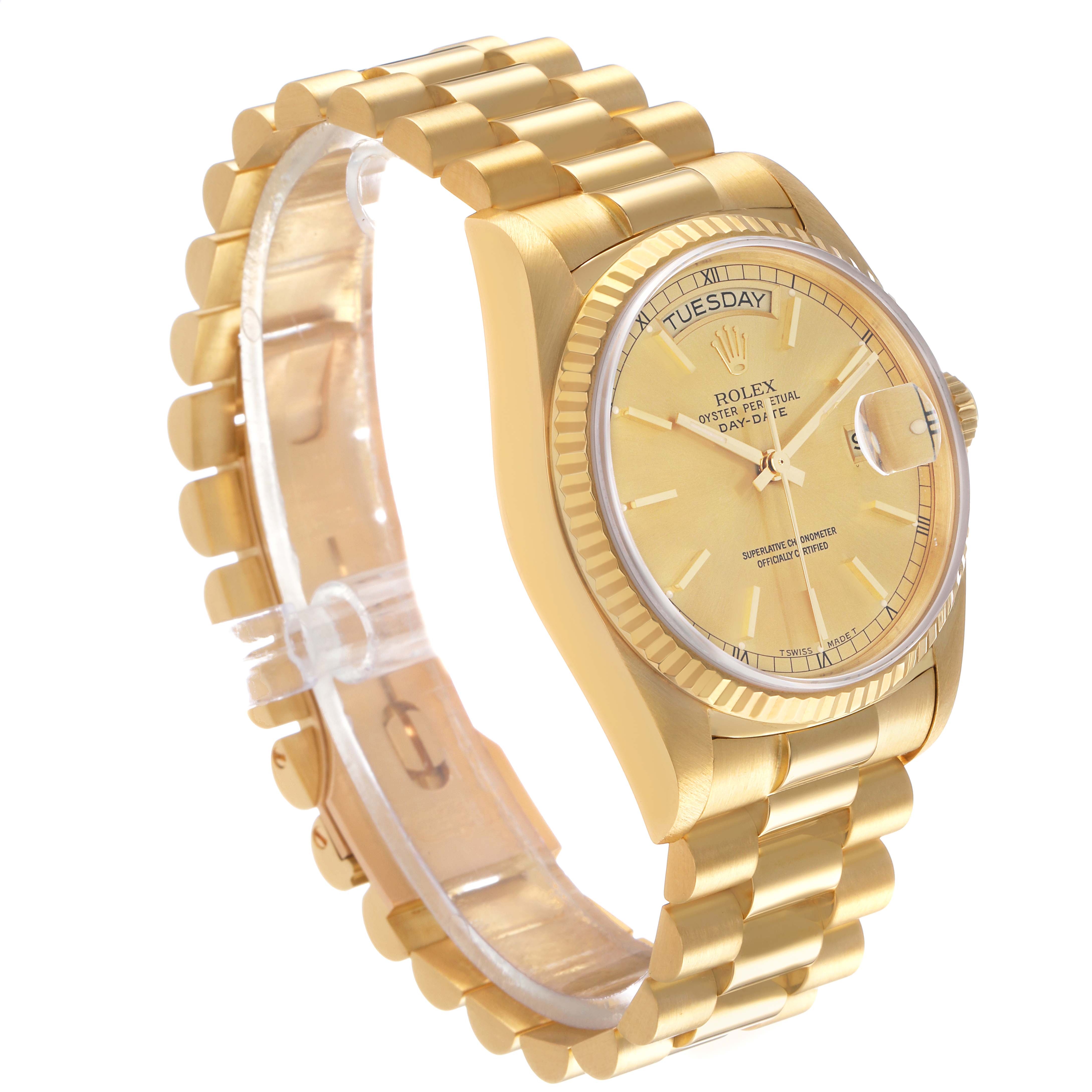 The Rolex President 18038 Men's Yellow Gold Champagne Dial model is shown at a three-quarter angle, highlighting the dial, case, bracelet, and crown.