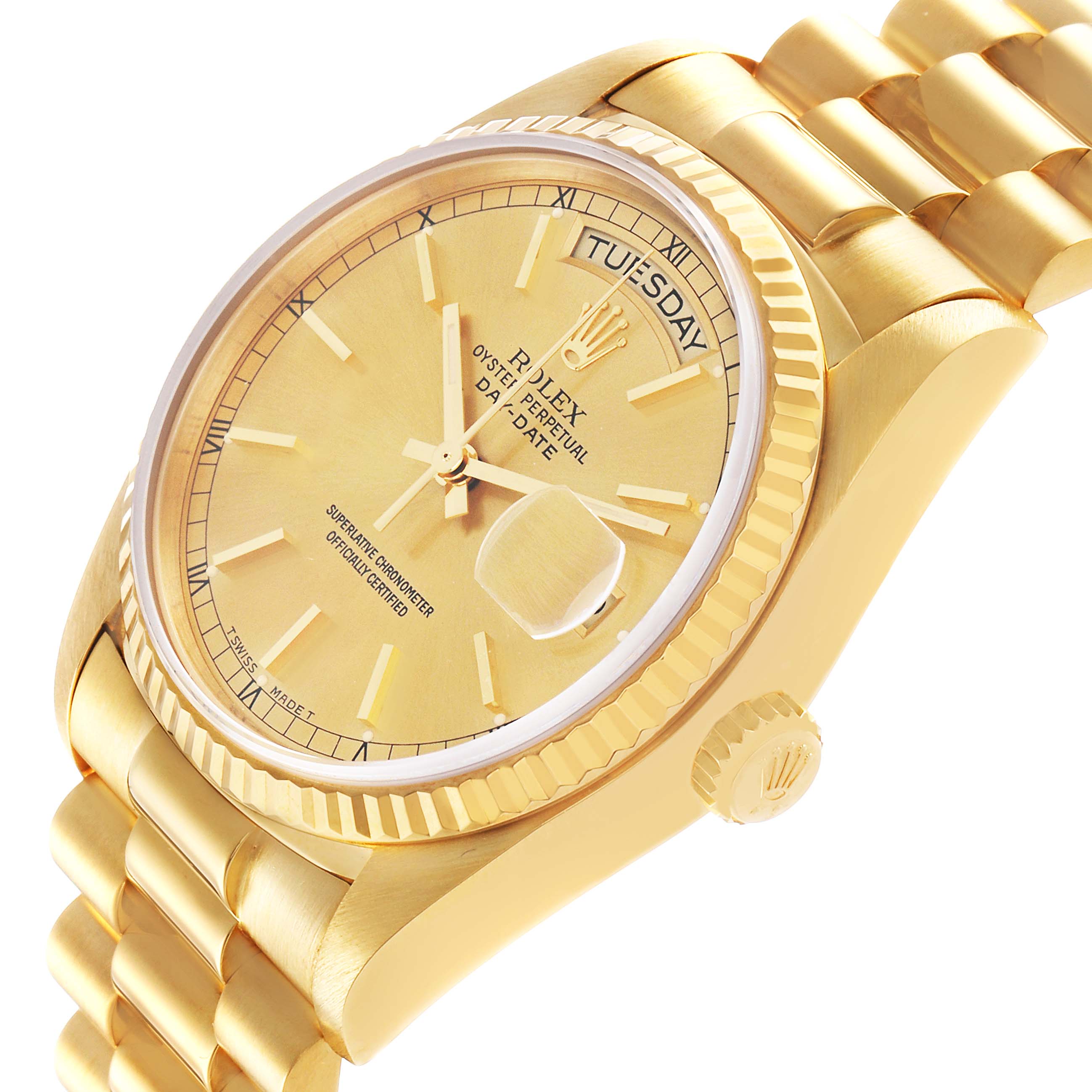The Rolex President 18038 Men's Yellow Gold Champagne Dial watch is shown at an oblique angle, highlighting the dial, fluted bezel, bracelet, and crown.