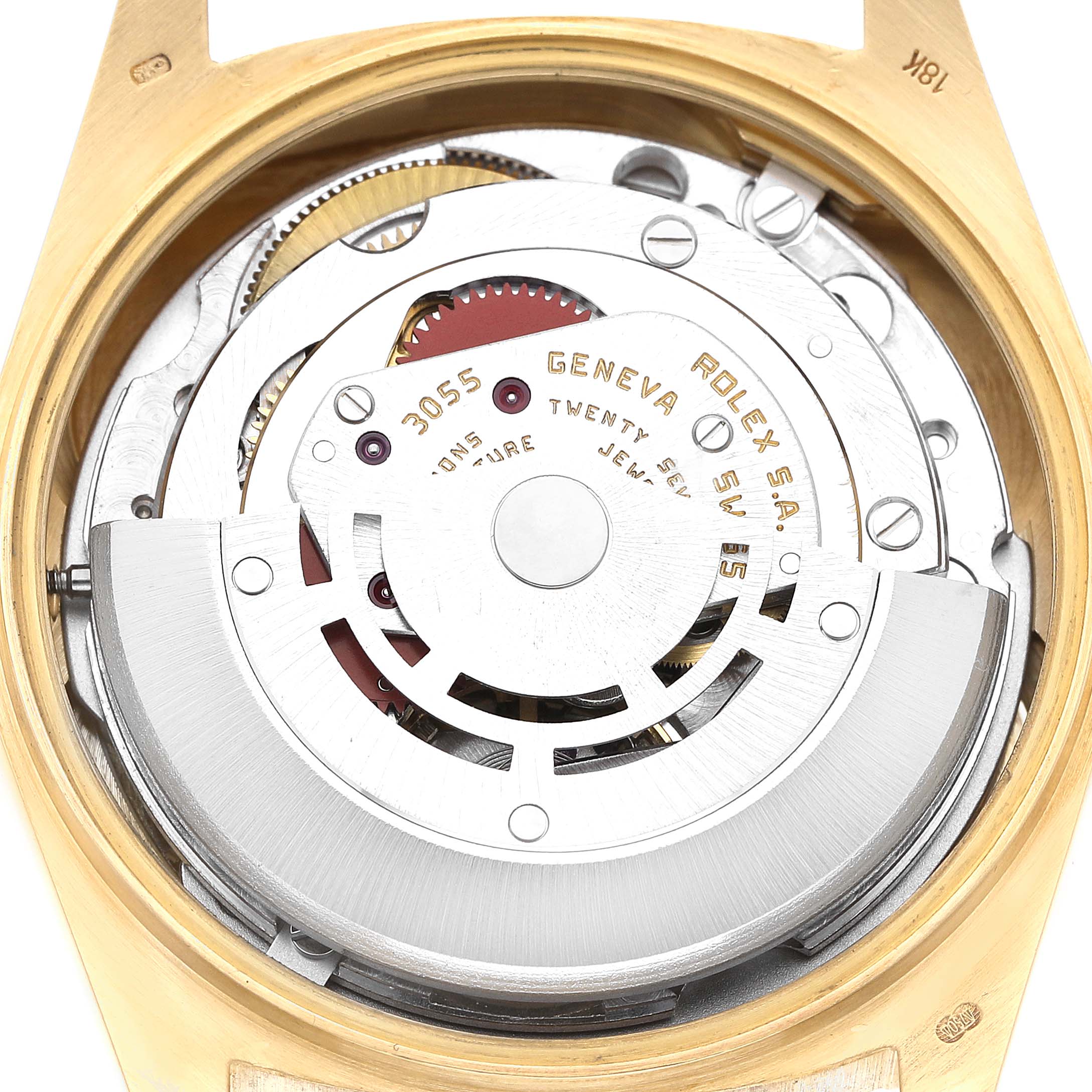 The image shows a top view of the open back case of a Rolex President 18038 Men's Yellow Gold Champagne Dial watch, highlighting the movement and rotor.