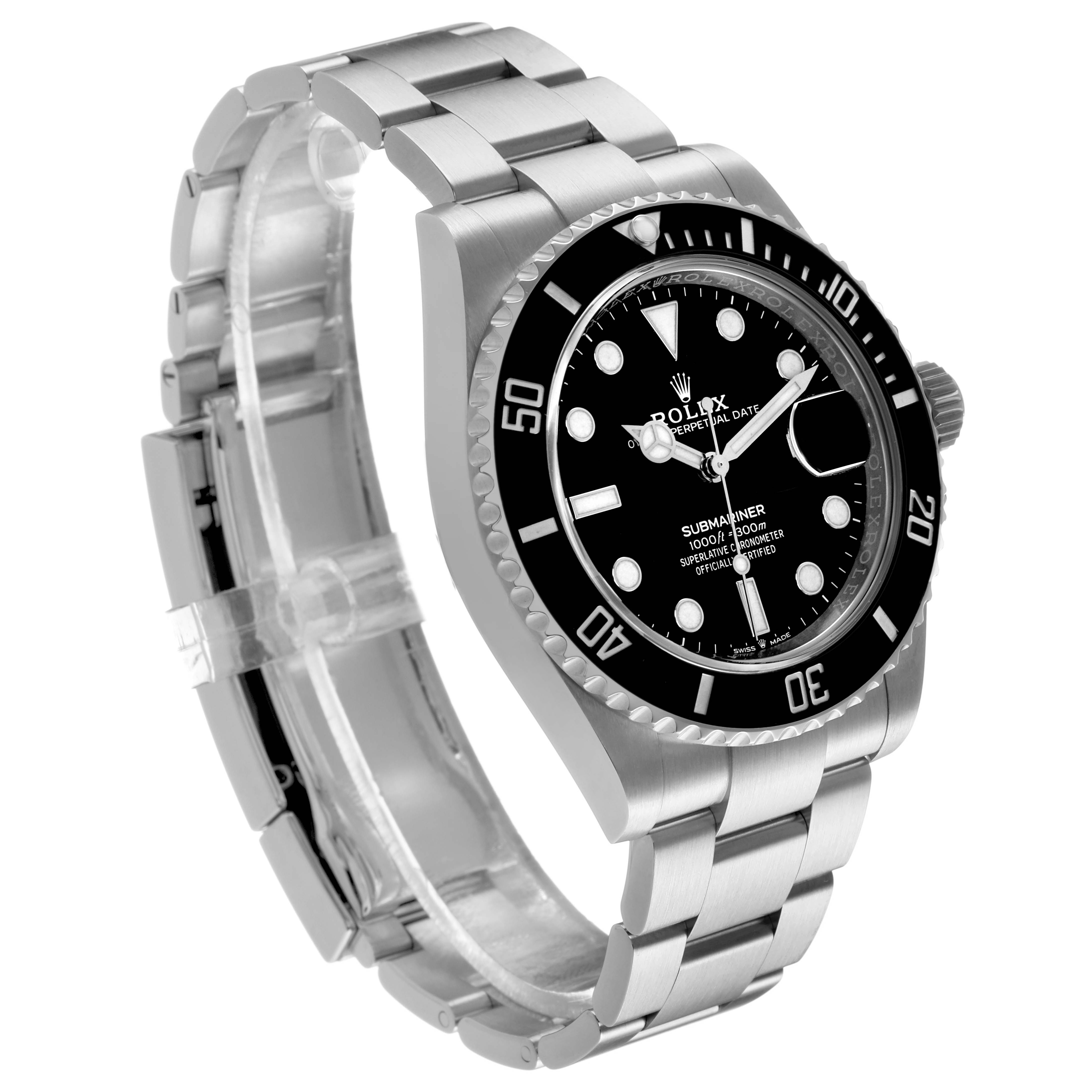 The image shows a Rolex Submariner 126610 Men's Stainless Steel Black Dial at a three-quarter angle, highlighting the bezel, dial, and bracelet.