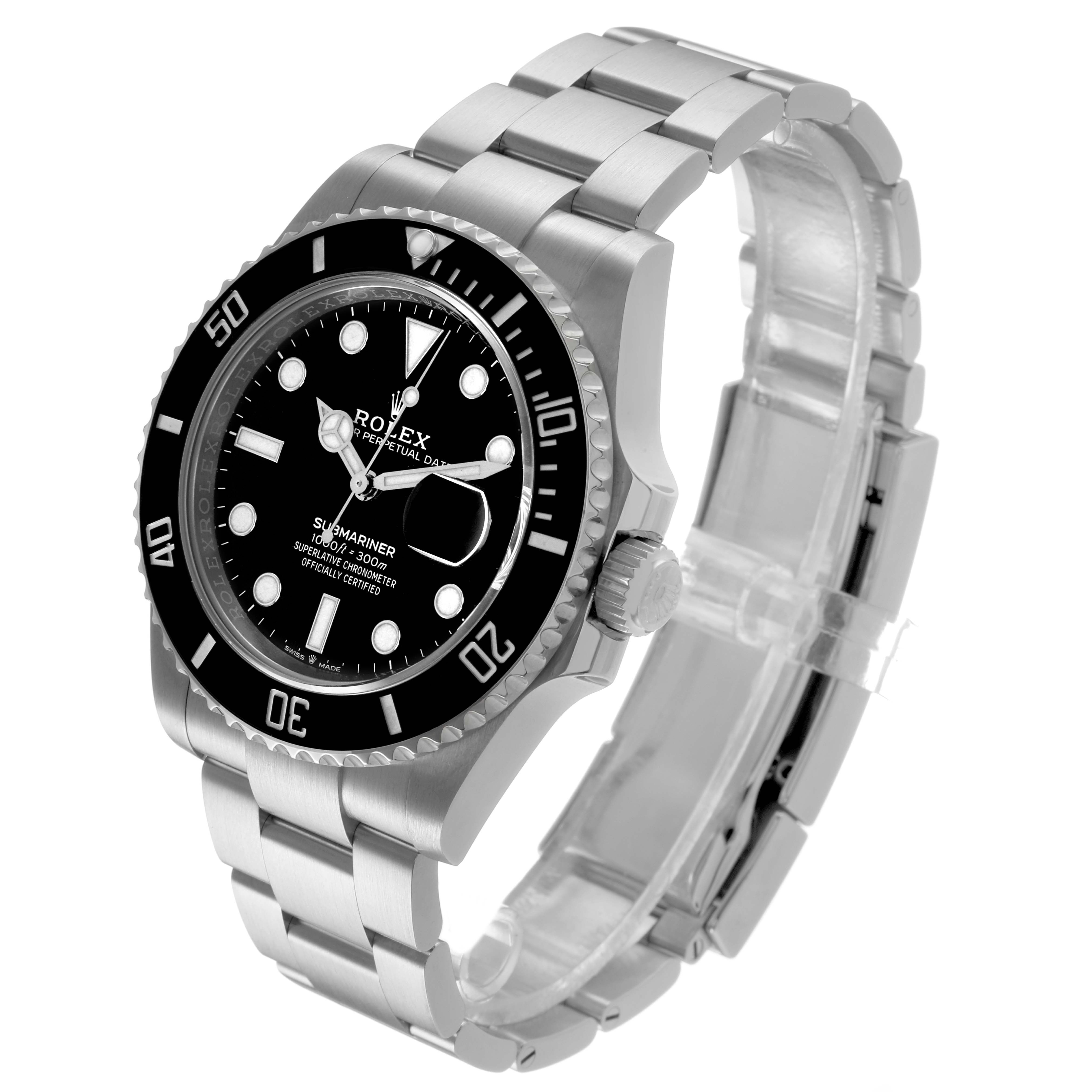 The Rolex Submariner 126610 Men's Stainless Steel Black Dial watch is shown at a three-quarter angle, displaying the face, bezel, crown, and bracelet.