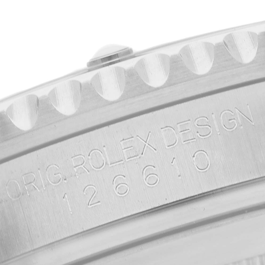 The image shows a close-up of the Rolex Submariner 126610 Men's Stainless Steel Black Dial's case side, focusing on the engraved model details.