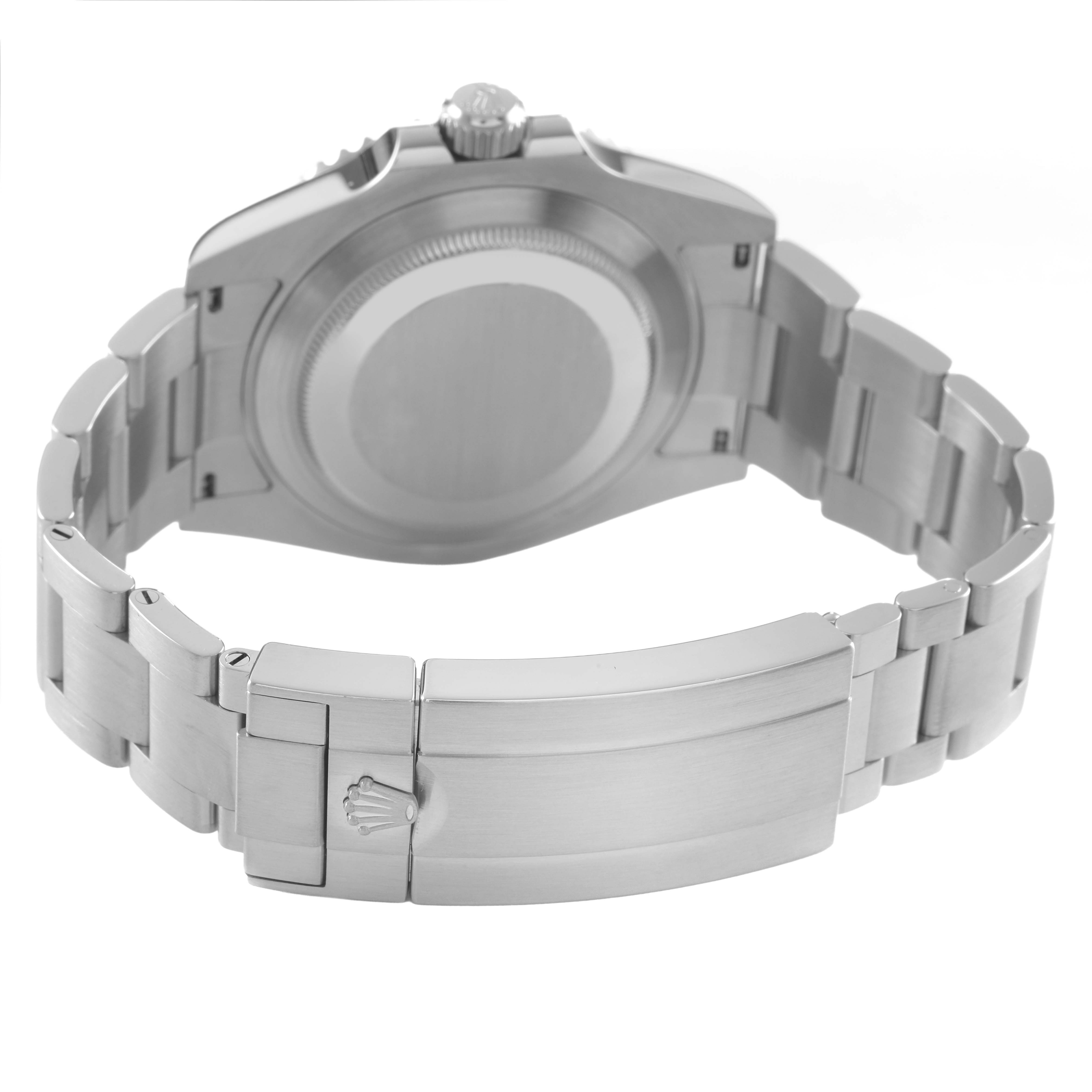 The image shows the back view of a Rolex Submariner 126610 Men's Stainless Steel Black Dial, highlighting the case back, crown, and bracelet clasp.