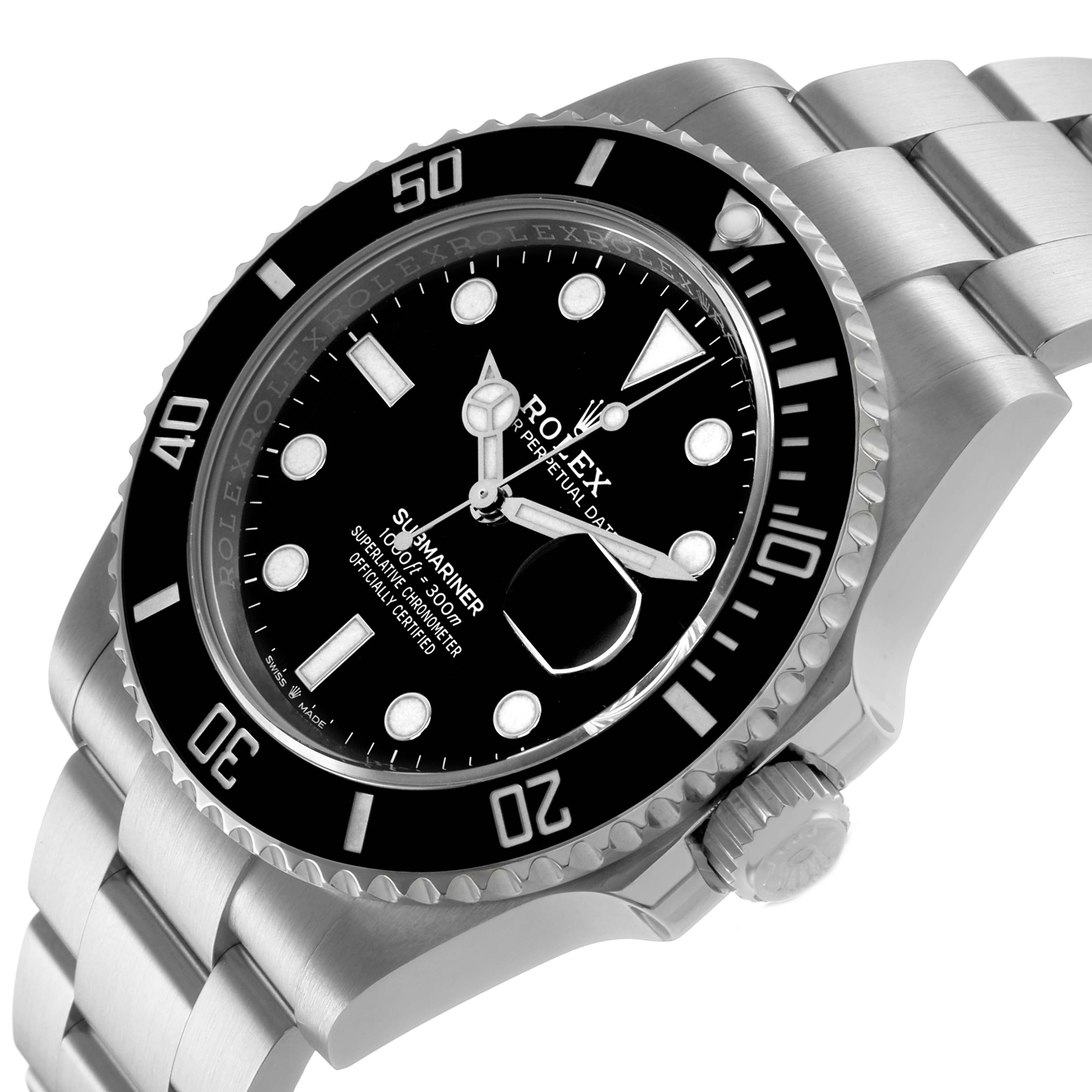 The Rolex Submariner 126610 Men's Stainless Steel Black Dial watch is shown from a tilted angle displaying the dial, bezel, crown, and part of the bracelet.