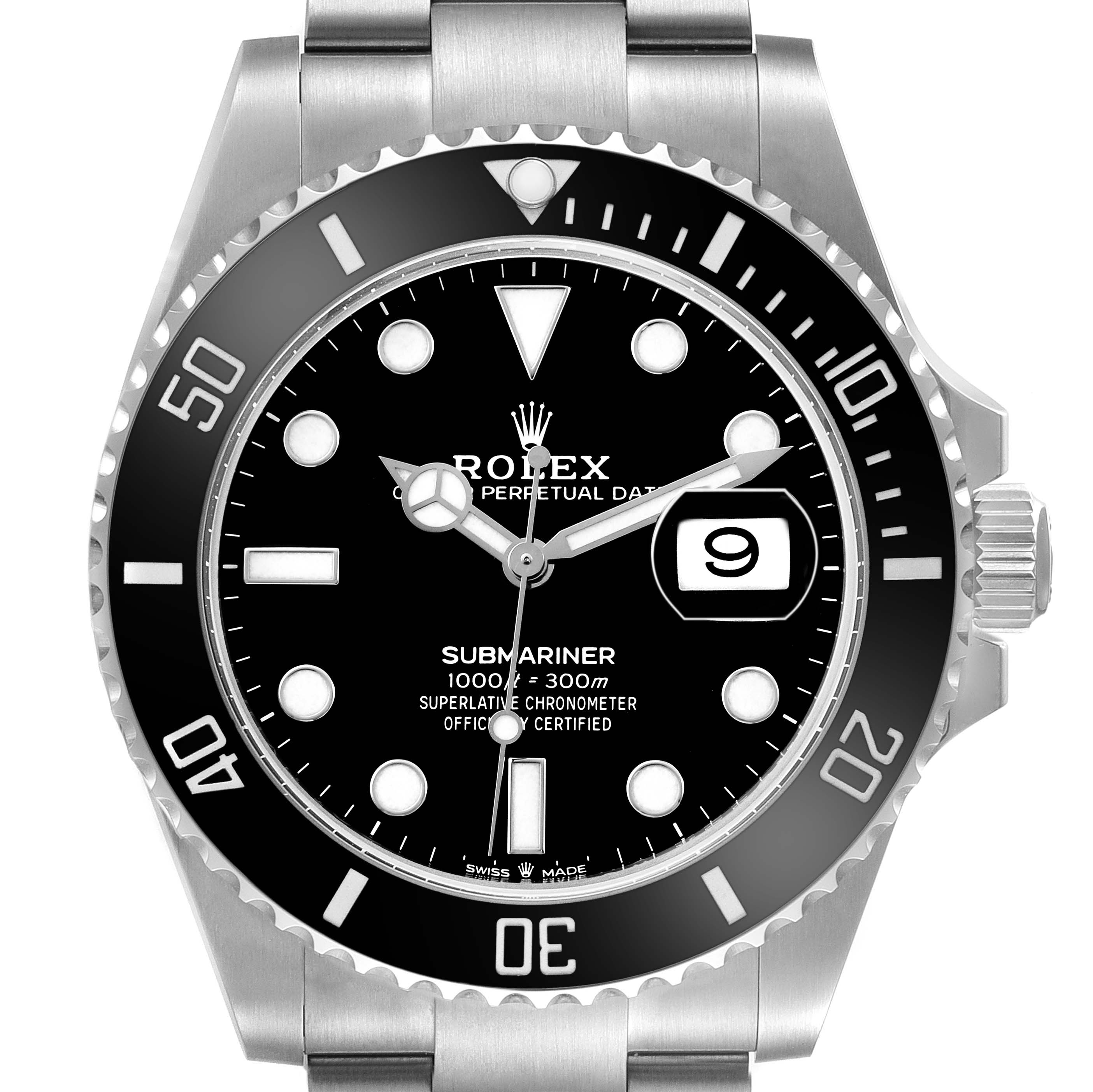 The Rolex Submariner 126610 Men's Stainless Steel Black Dial watch is shown from a front angle, displaying the dial, bezel, crown, and part of the bracelet.