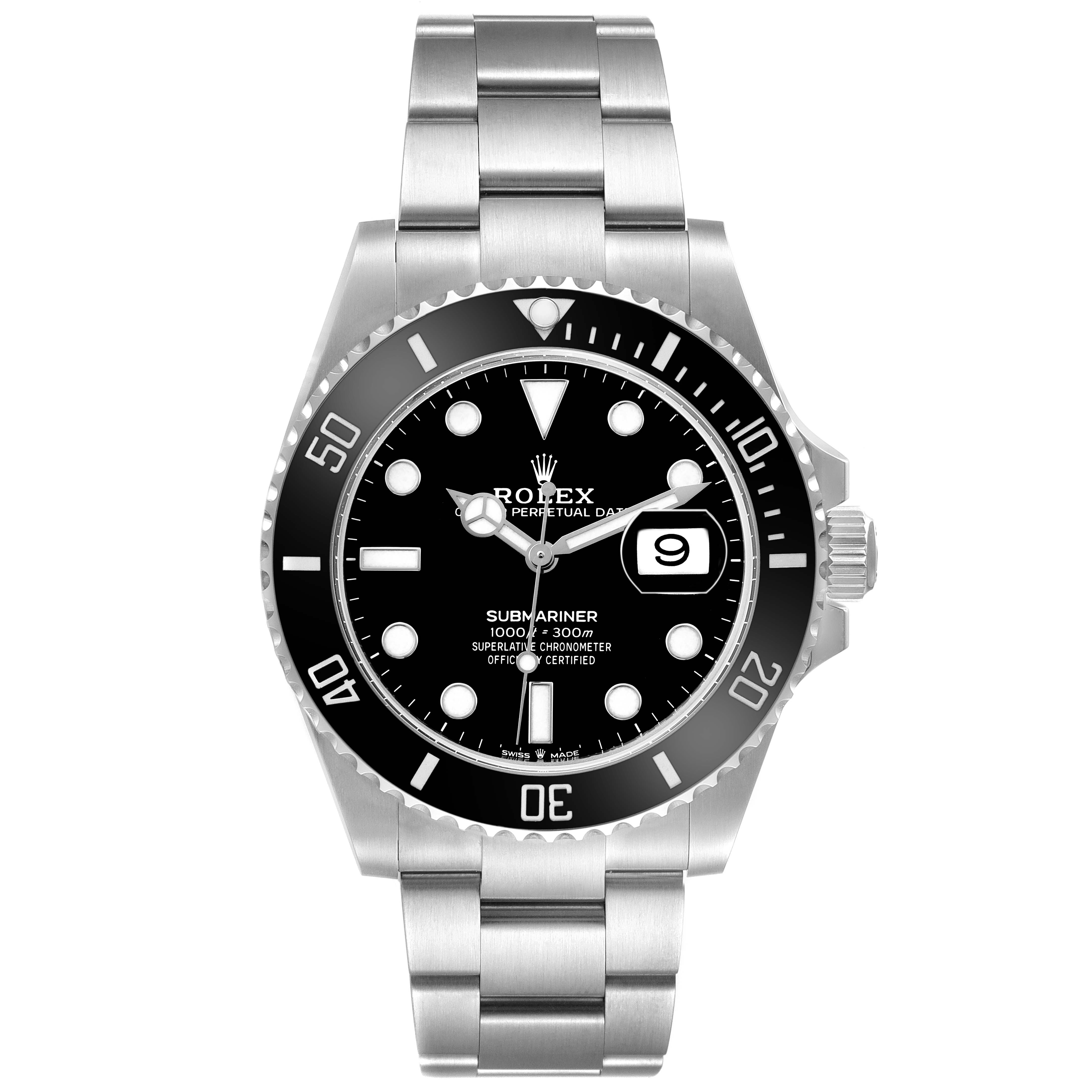 The Rolex Submariner 126610 Men's Stainless Steel Black Dial watch is shown from the front, displaying the dial, bezel, case, and bracelet prominently.