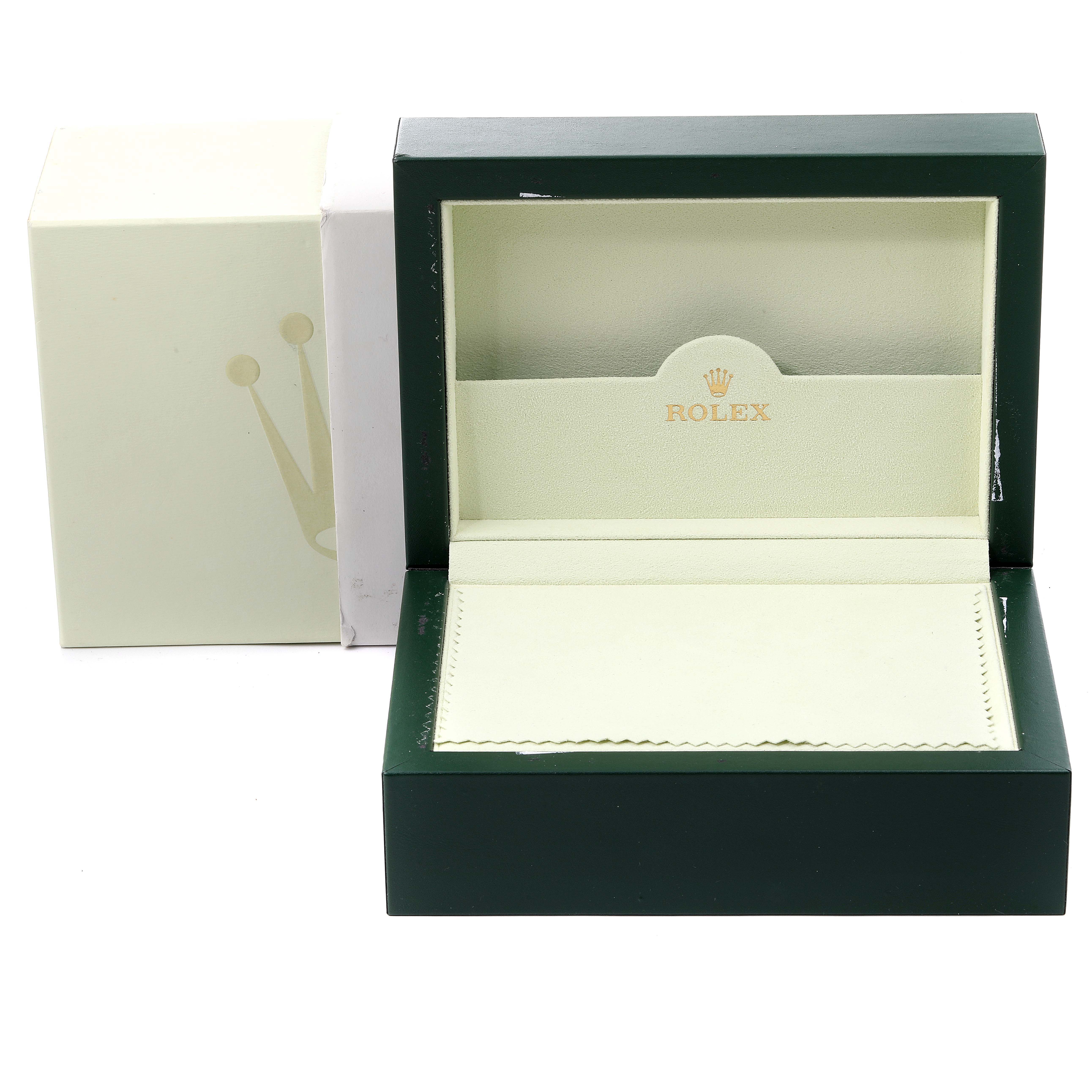 The image shows an empty Rolex Submariner 16613 Men's Steel and Gold (two tone) Blue Dial 16613 Men's Steel and Gold (two tone) Blue Dial watch box with its outer packaging and an inner cushion.