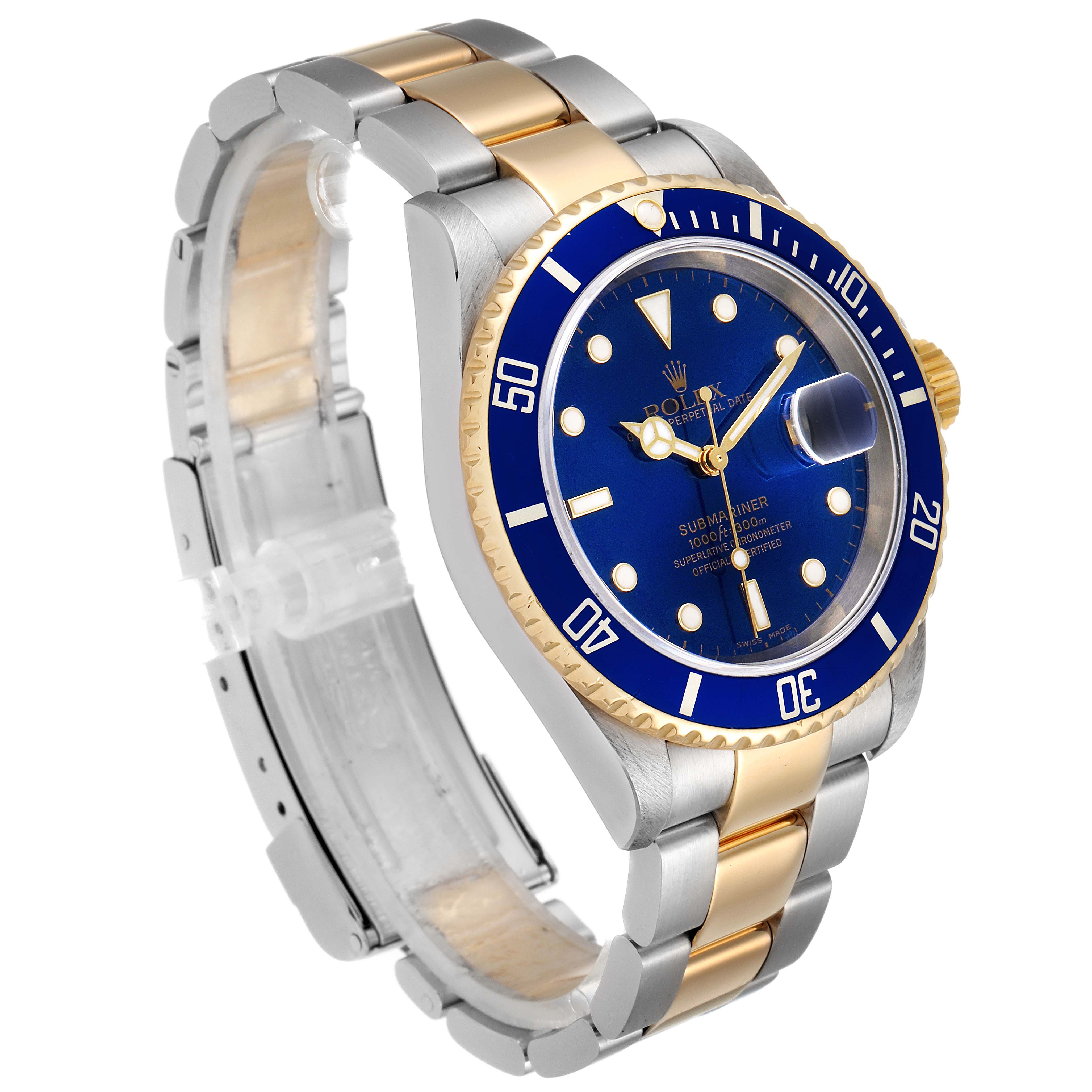 This Rolex Submariner 16613 Men's Steel and Gold (two tone) Blue Dial 16613 Men's Steel and Gold (two tone) Blue Dial watch is shown at a slight angled side view, highlighting its blue dial, gold bezel, and two-tone bracelet.