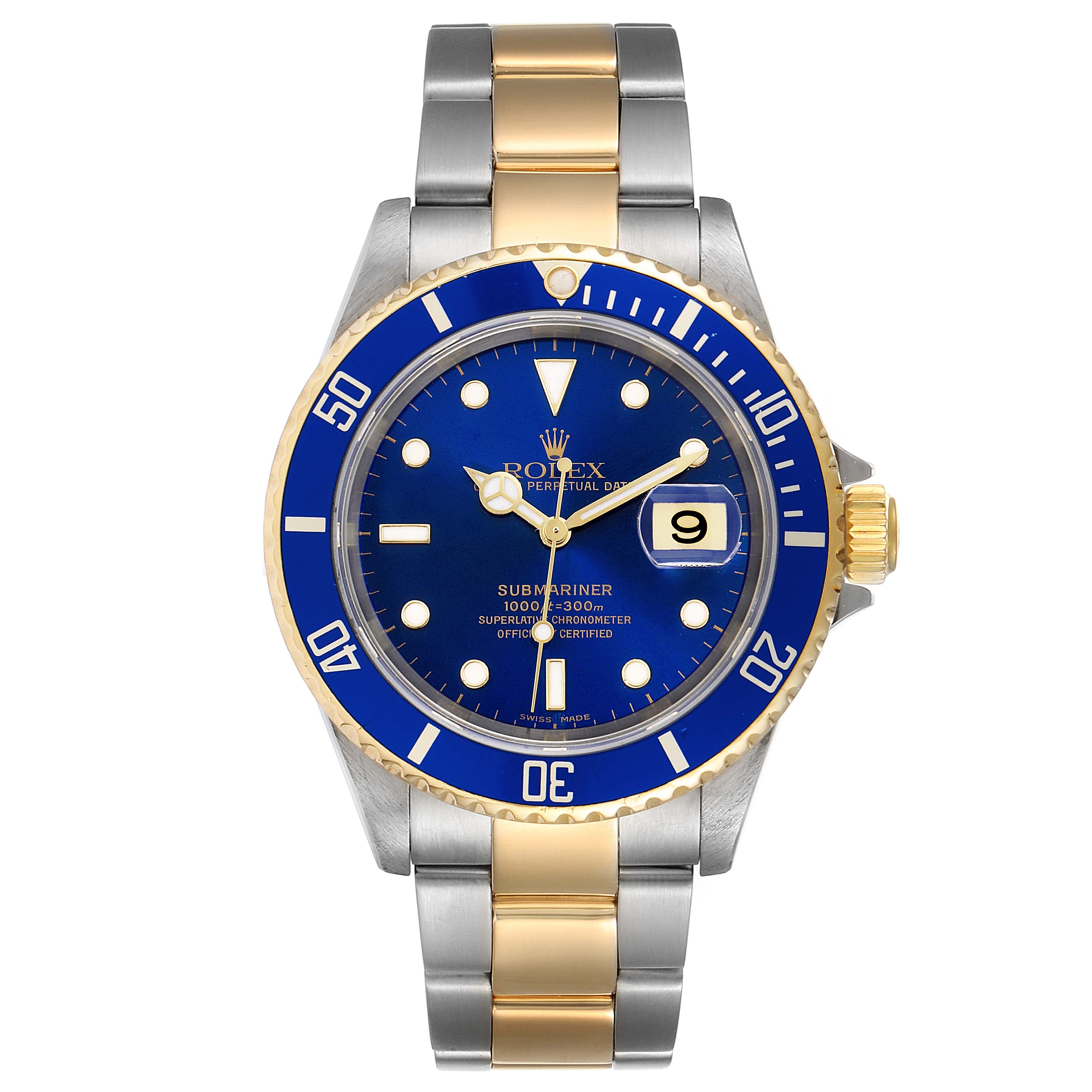 The Rolex Submariner 16613 Men's Steel and Gold (two tone) Blue Dial 16613 Men's Steel and Gold (two tone) Blue Dial watch is shown from a front view, highlighting its blue dial, date display, and two-tone bracelet.