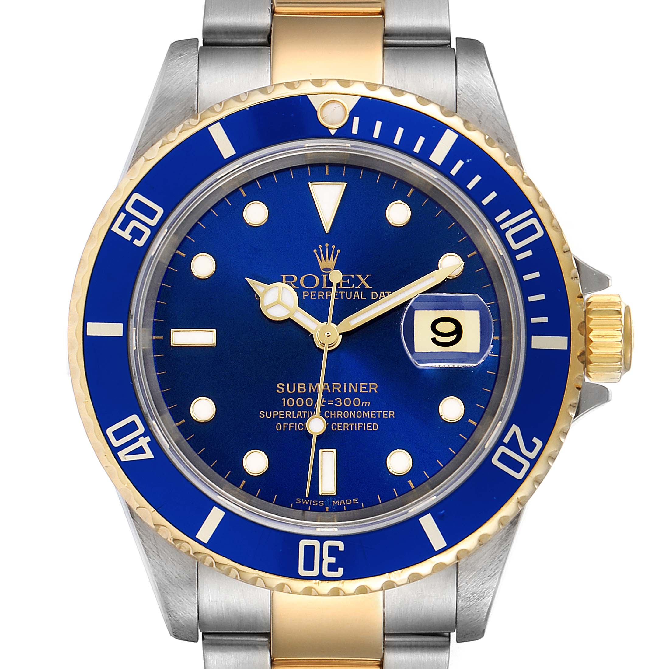 This is a front view of a Rolex Submariner 16613 Men's Steel and Gold (two tone) Blue Dial 16613 Men's Steel and Gold (two tone) Blue Dial watch displaying the dial, bezel, crown, and part of the bracelet.