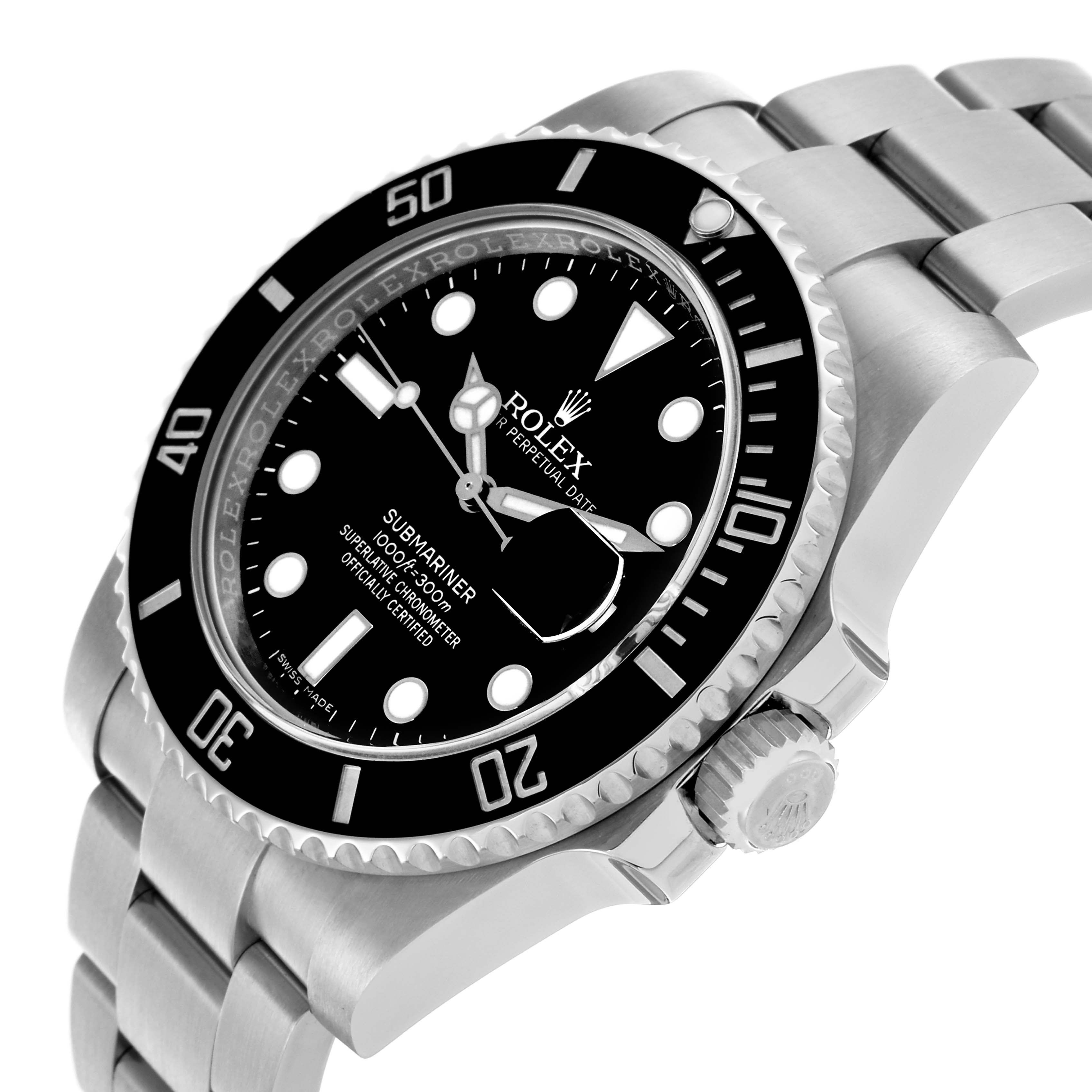 The Rolex Submariner 116610LN Men's Stainless Steel Black Dial 116610LN Men's Stainless Steel Black Dial watch is shown from an angled side view, highlighting the bezel, dial, crown, and bracelet.