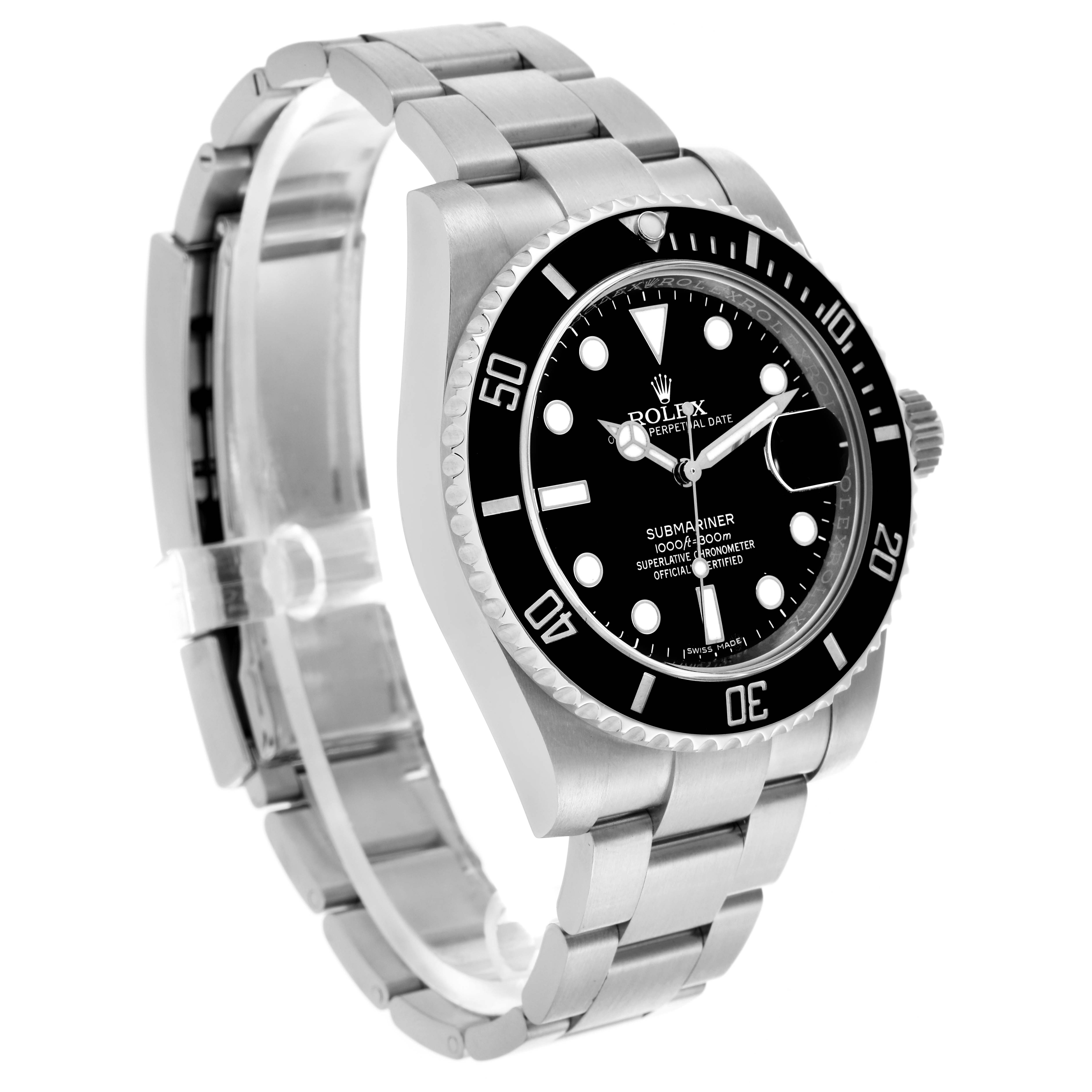 The Rolex Submariner 116610LN Men's Stainless Steel Black Dial 116610LN Men's Stainless Steel Black Dial watch is shown at a three-quarter angle highlighting the face, bezel, and part of the bracelet.
