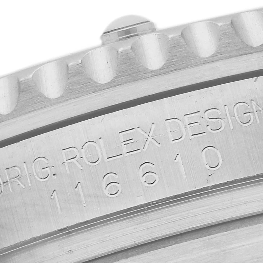 The image shows a close-up of the side of a Rolex Submariner 116610LN Men's Stainless Steel Black Dial 116610LN Men's Stainless Steel Black Dial, displaying the engraved model number.