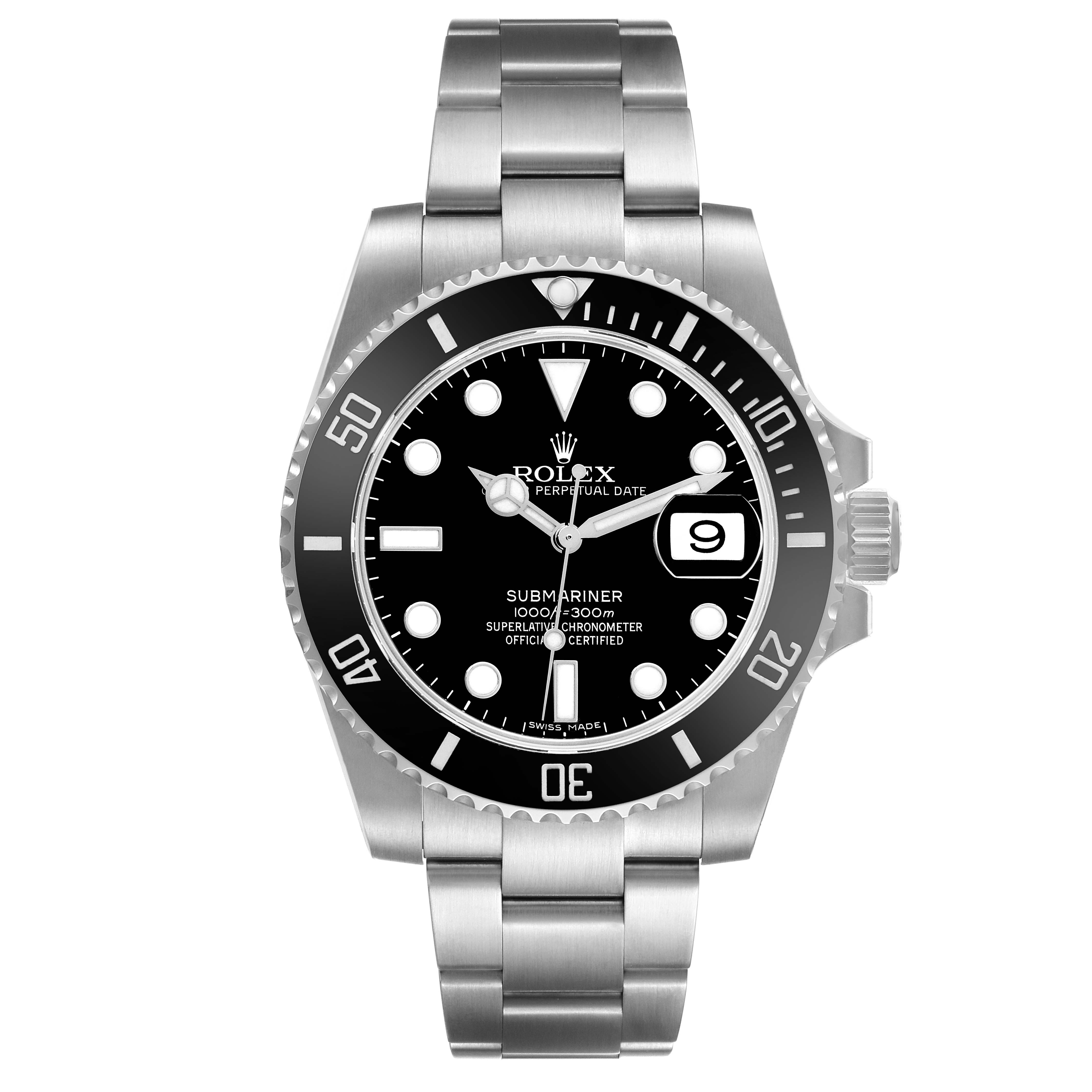 The Rolex Submariner 116610LN Men's Stainless Steel Black Dial 116610LN Men's Stainless Steel Black Dial watch is shown from the front, displaying the face, bezel, and bracelet.