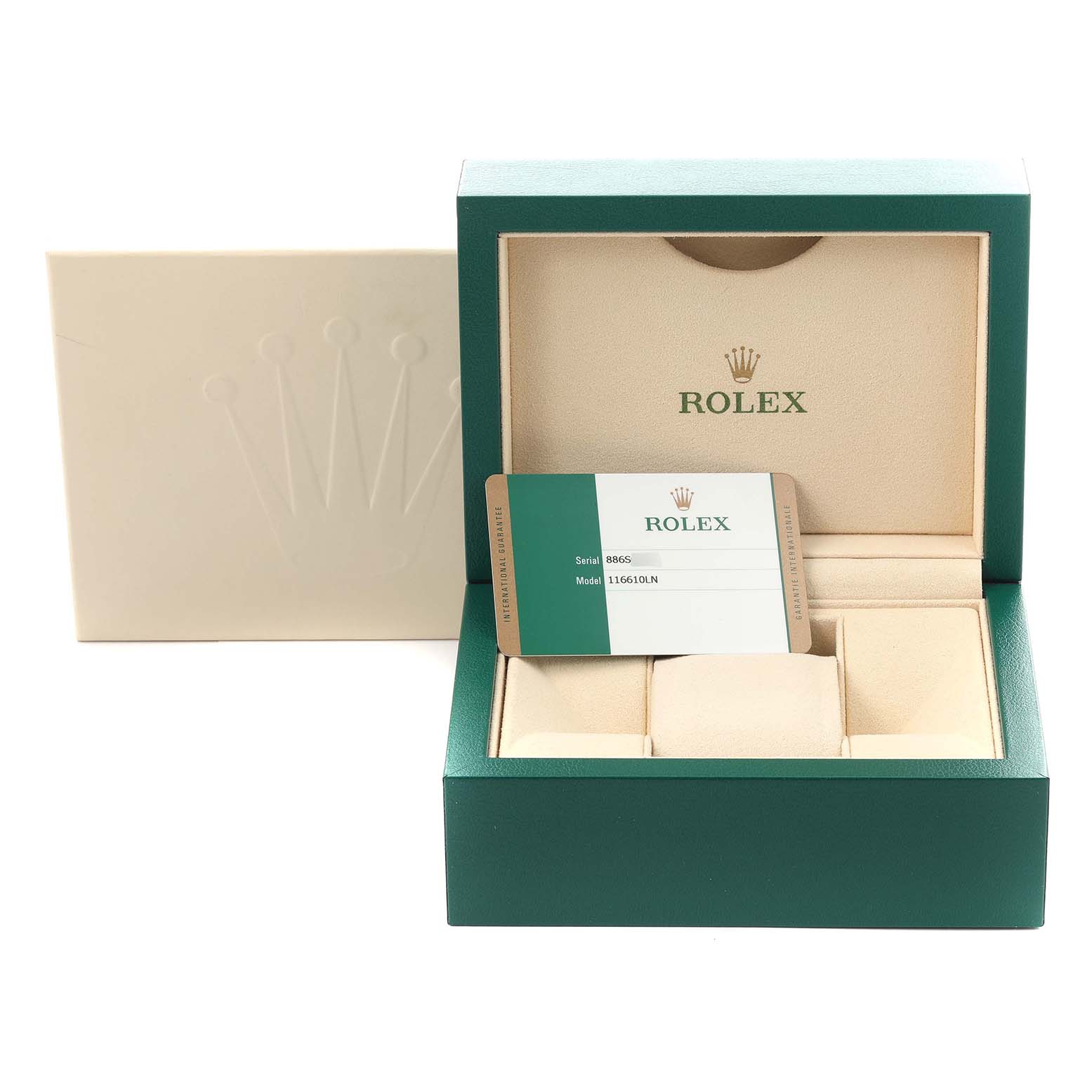 The image shows a Rolex Submariner 116610LN Men's Stainless Steel Black Dial 116610LN Men's Stainless Steel Black Dial box, presentation case, and authenticity card positioned from the front.