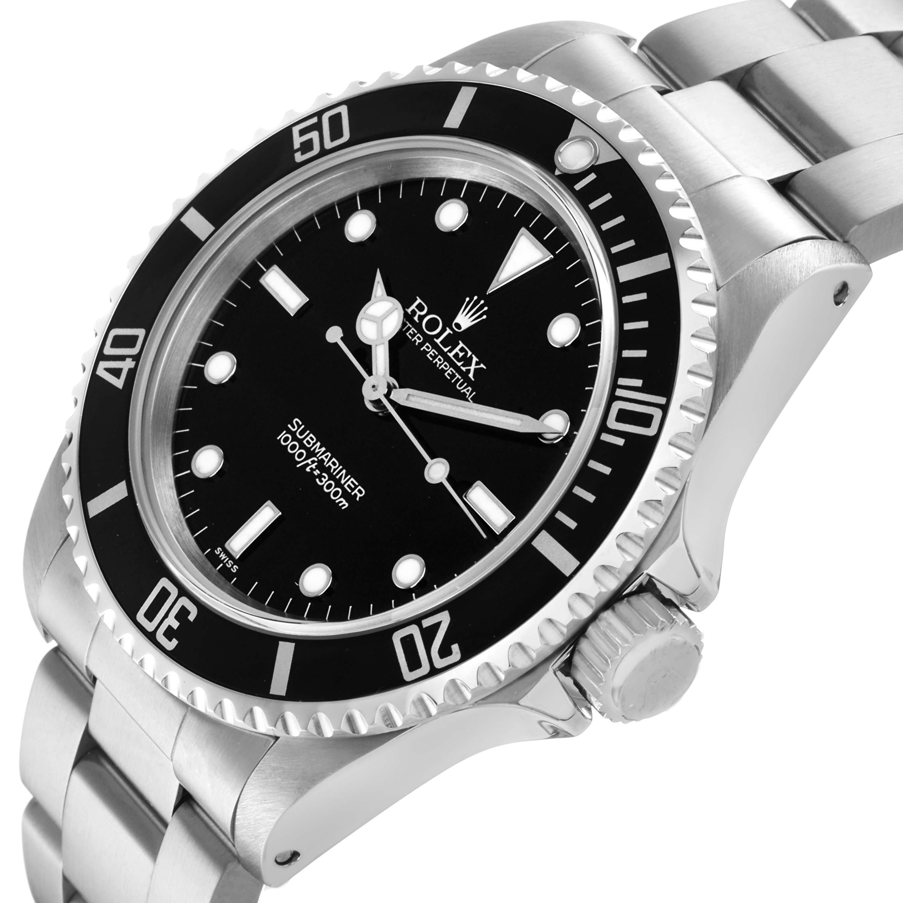 The Rolex Submariner 14060 Men's Stainless Steel Black Dial is shown at an angle highlighting the black dial, bezel, and part of the bracelet.