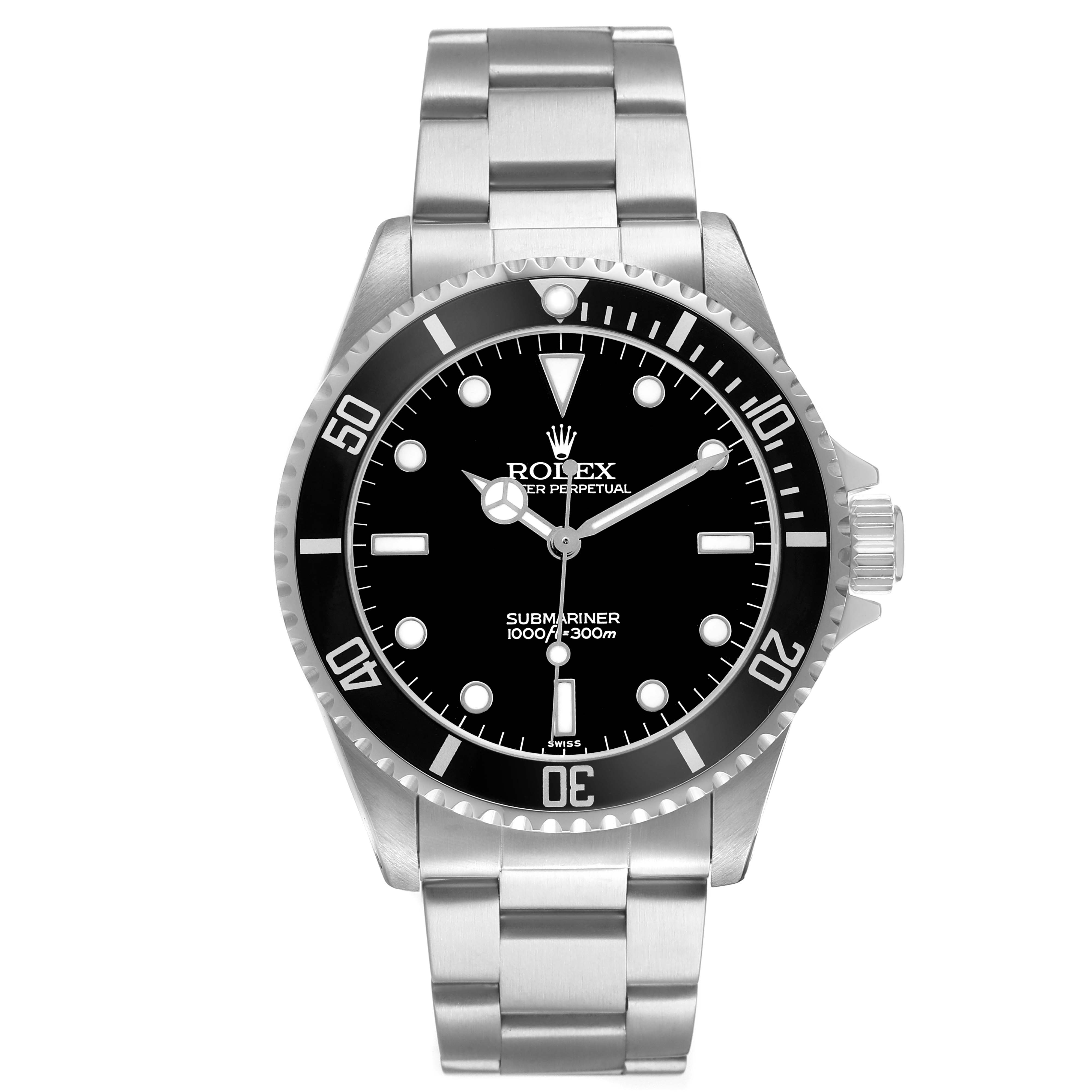 The image shows a front view of the Rolex Submariner 14060 Men's Stainless Steel Black Dial, highlighting the dial, bezel, case, and bracelet.