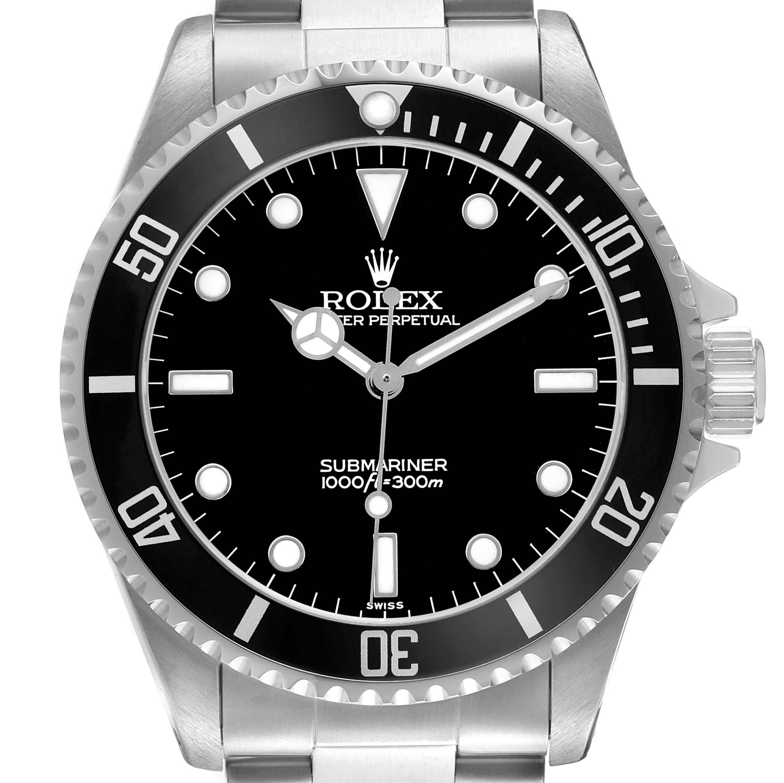 The image shows a front view of the Rolex Submariner 14060 Men's Stainless Steel Black Dial, highlighting its face, hands, bezel, and part of the bracelet.
