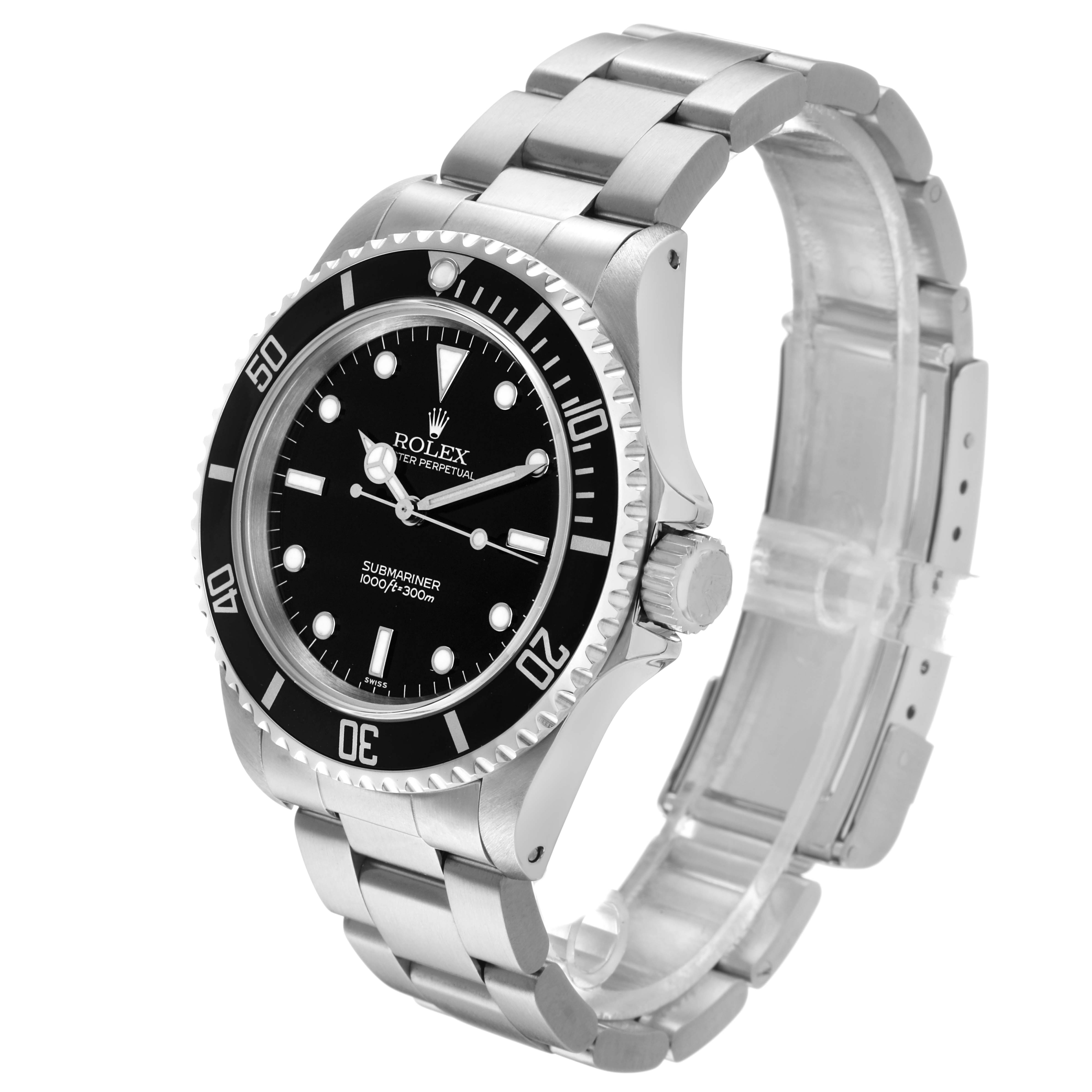 The image shows a Rolex Submariner 14060 Men's Stainless Steel Black Dial watch at a three-quarter angle, highlighting the bezel, dial, crown, and bracelet.