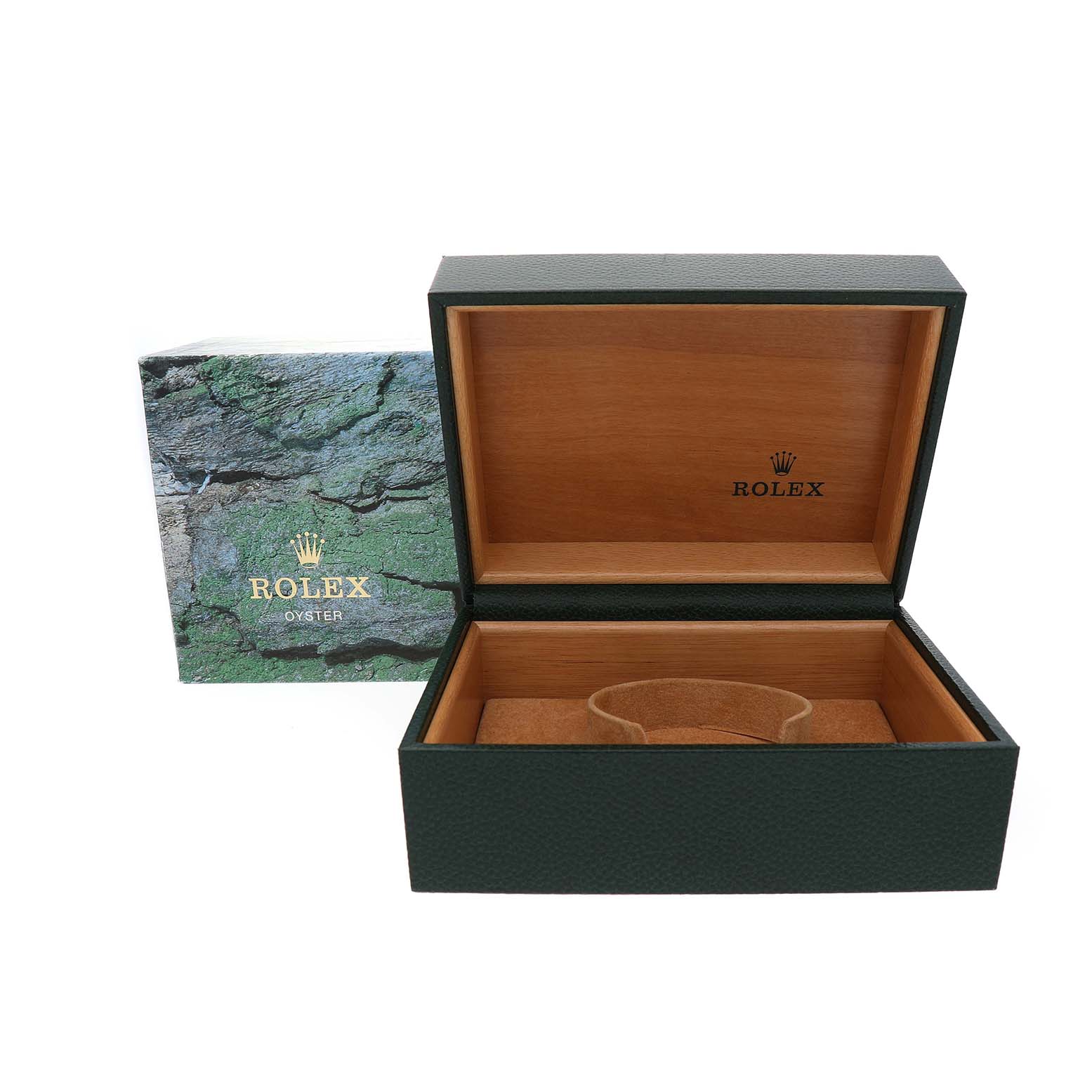 The image shows an open Rolex Submariner 14060 Men's Stainless Steel Black Dial watch box with its cardboard cover in the background.