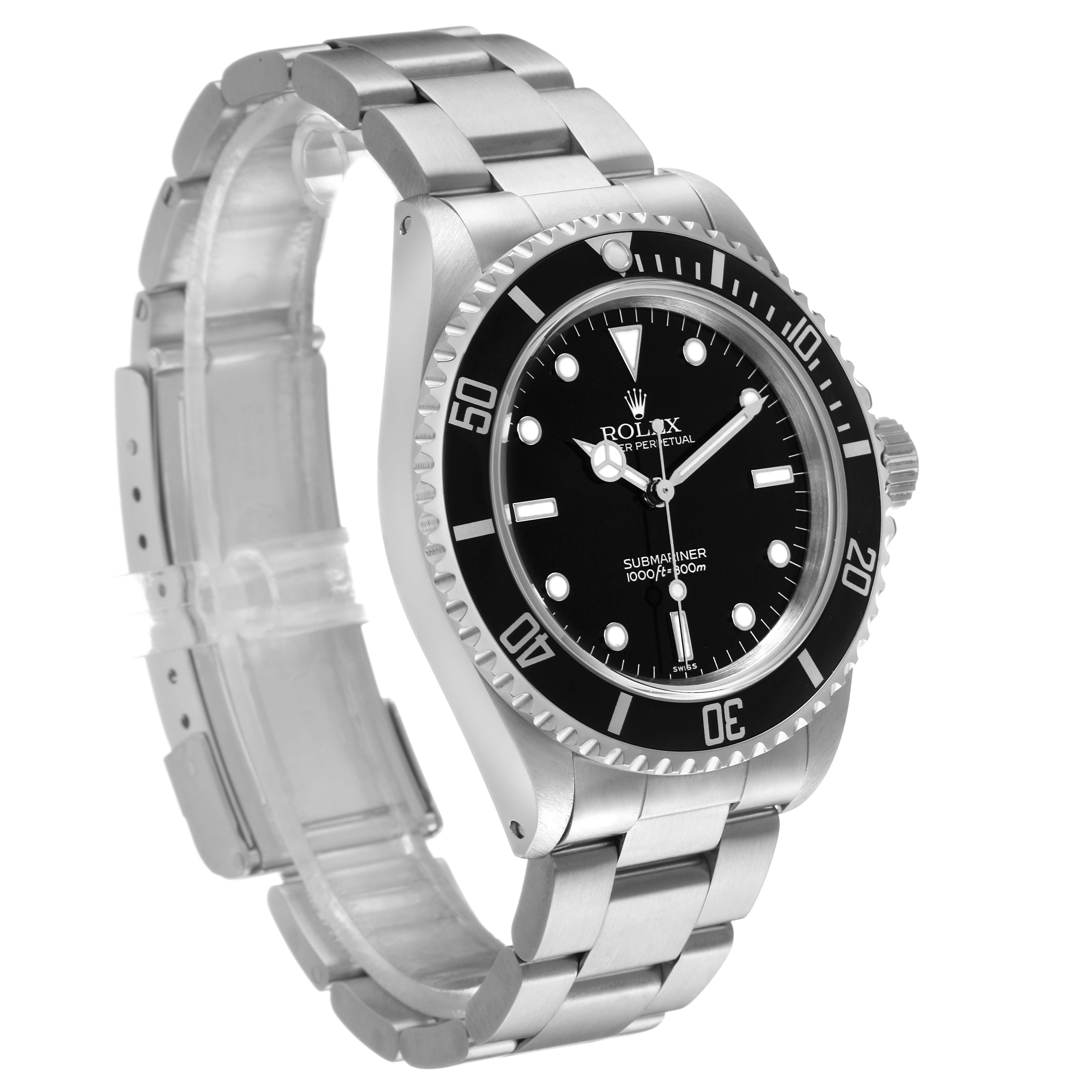 The Rolex Submariner 14060 Men's Stainless Steel Black Dial is shown at a three-quarters angle, displaying the face, bezel, and part of the bracelet.